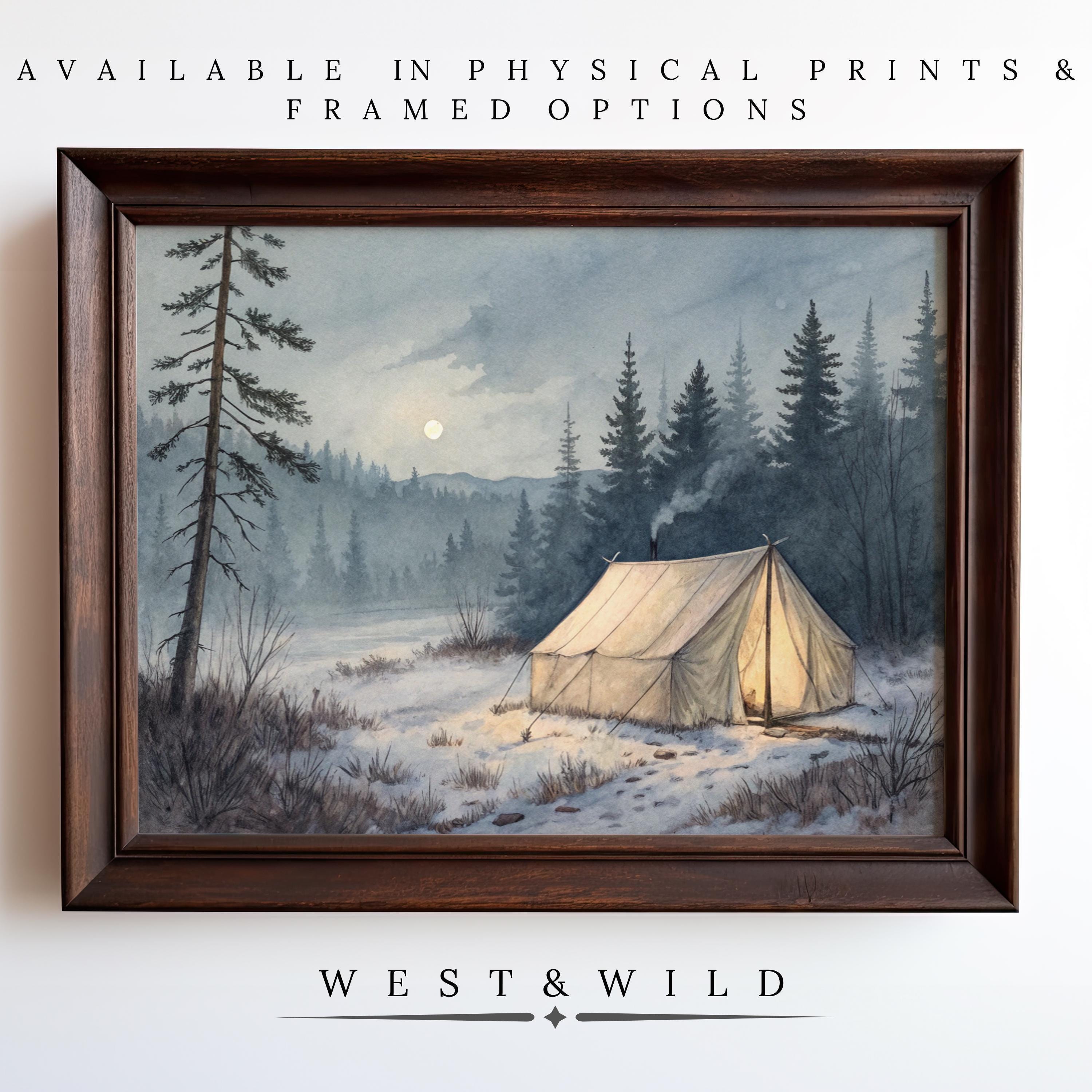 Hunting Camp Art - Rustic Cabin Landscape Painting With Framed Wildlife Prints captures a tent in a snowy forest. This vintage print evokes winter’s serenity and is reproduced with archival quality for lasting beauty.