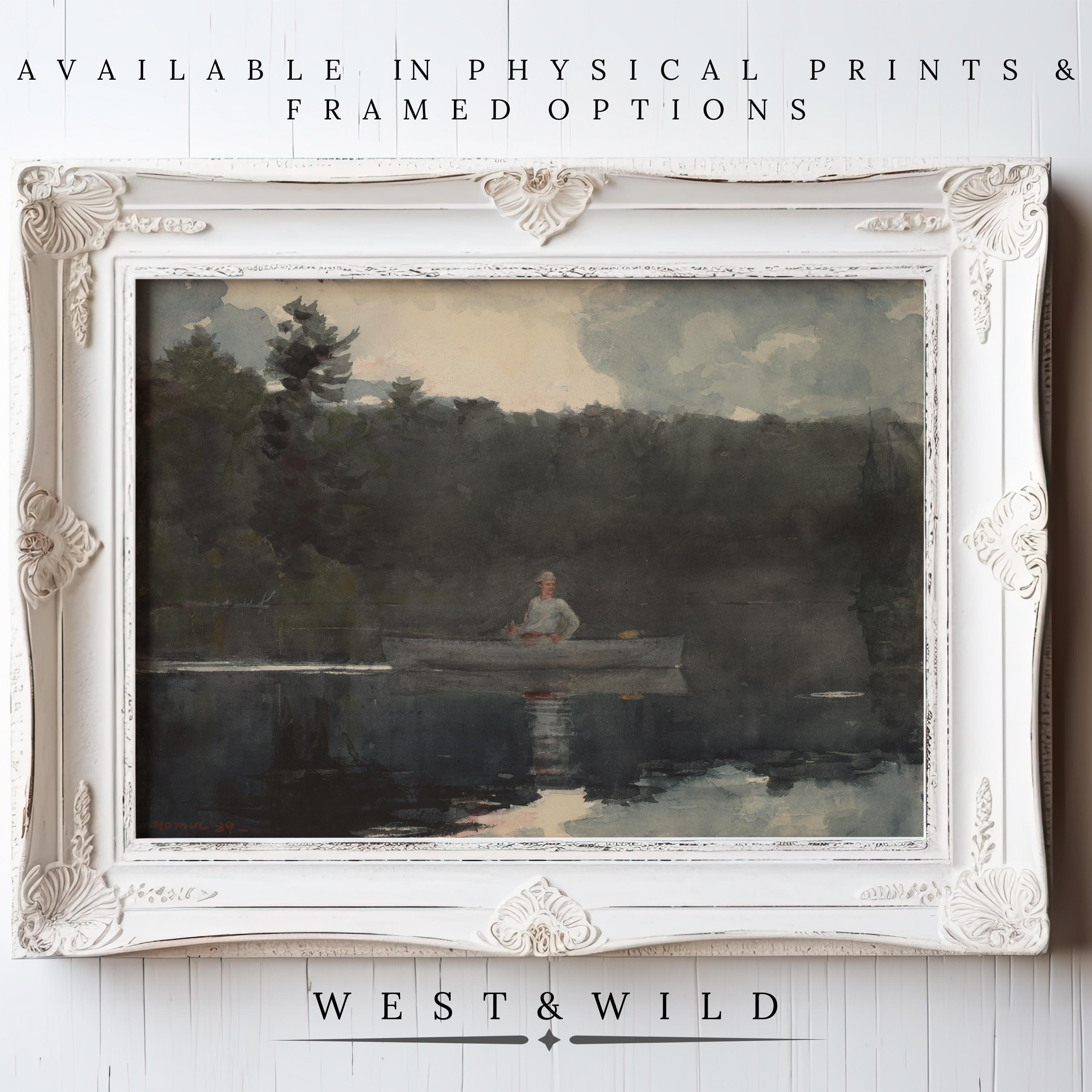 A framed Victorian Watercolor Wall Art print of a person in a canoe on a calm forest lake with trees and cloudy sky. Available as physical prints & framed art. Product: Victorian Watercolor Wall Art – Forest Lake Painting | West & Wild Art Archive.