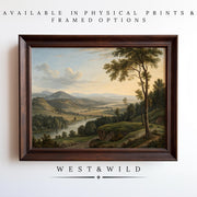 A framed Serene Landscape Painting – Classic American Scenery Art With Framed Meadow Prints is displayed on a white wall. Text above and below reads: “Available as vintage art prints & framed art – West & Wild Art Archive.”.
