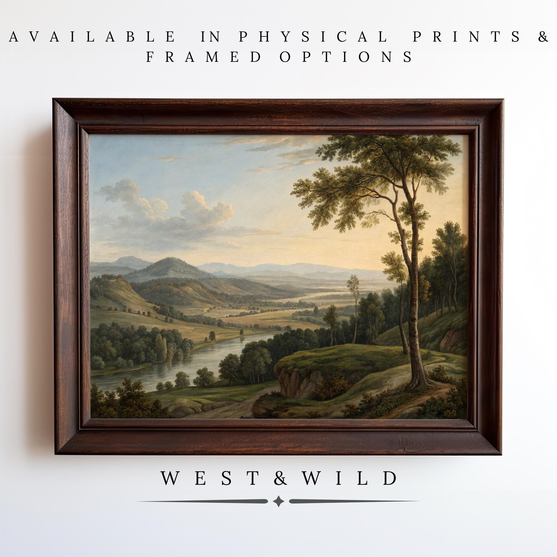 A framed Serene Landscape Painting – Classic American Scenery Art With Framed Meadow Prints is displayed on a white wall. Text above and below reads: “Available as vintage art prints & framed art – West & Wild Art Archive.”.