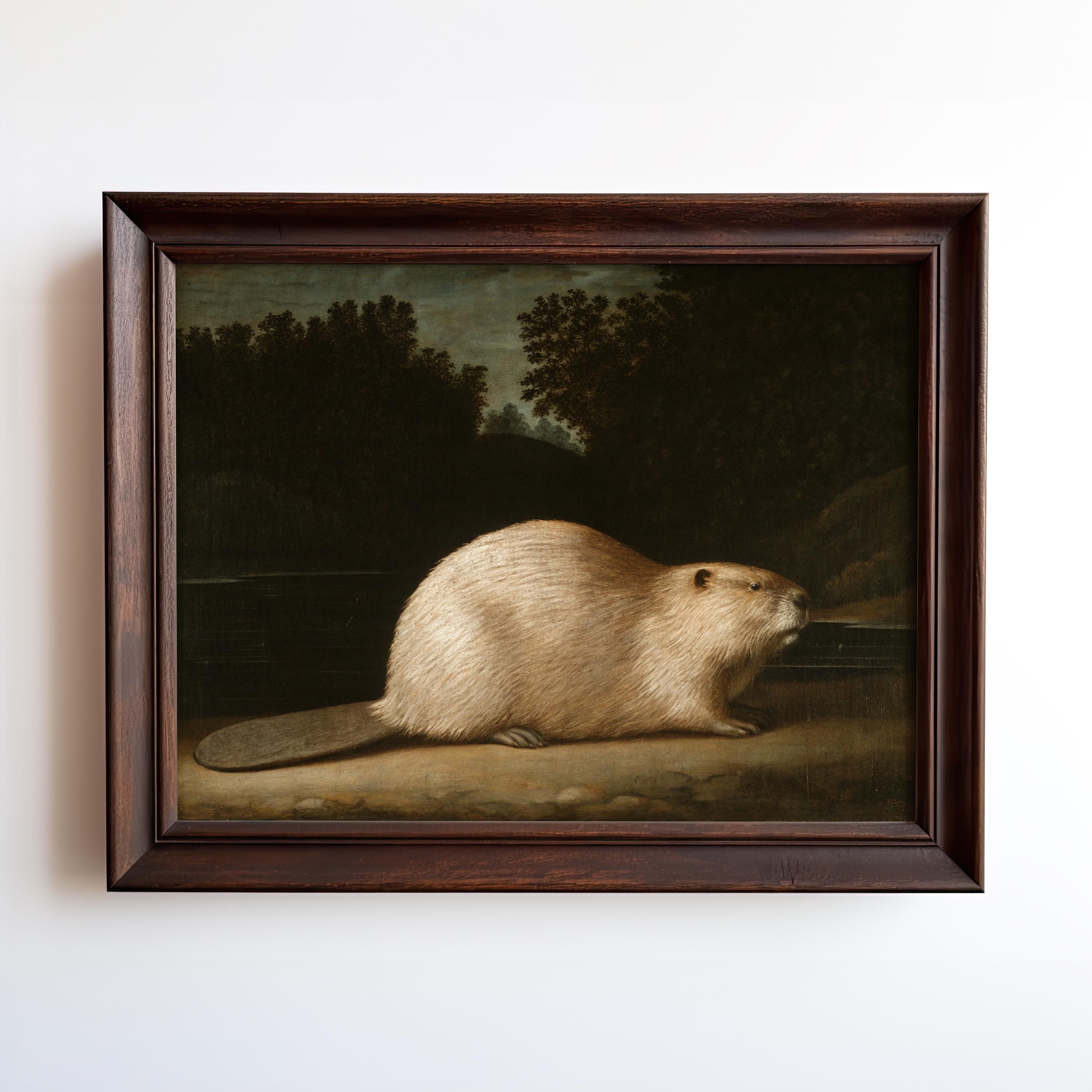 The Vintage Animal Art Print - Beaver River Print features a rustic beaver scene by the water, perfect as cabin wall décor from West & Wild Art Archive, and is shown framed on a white wall.