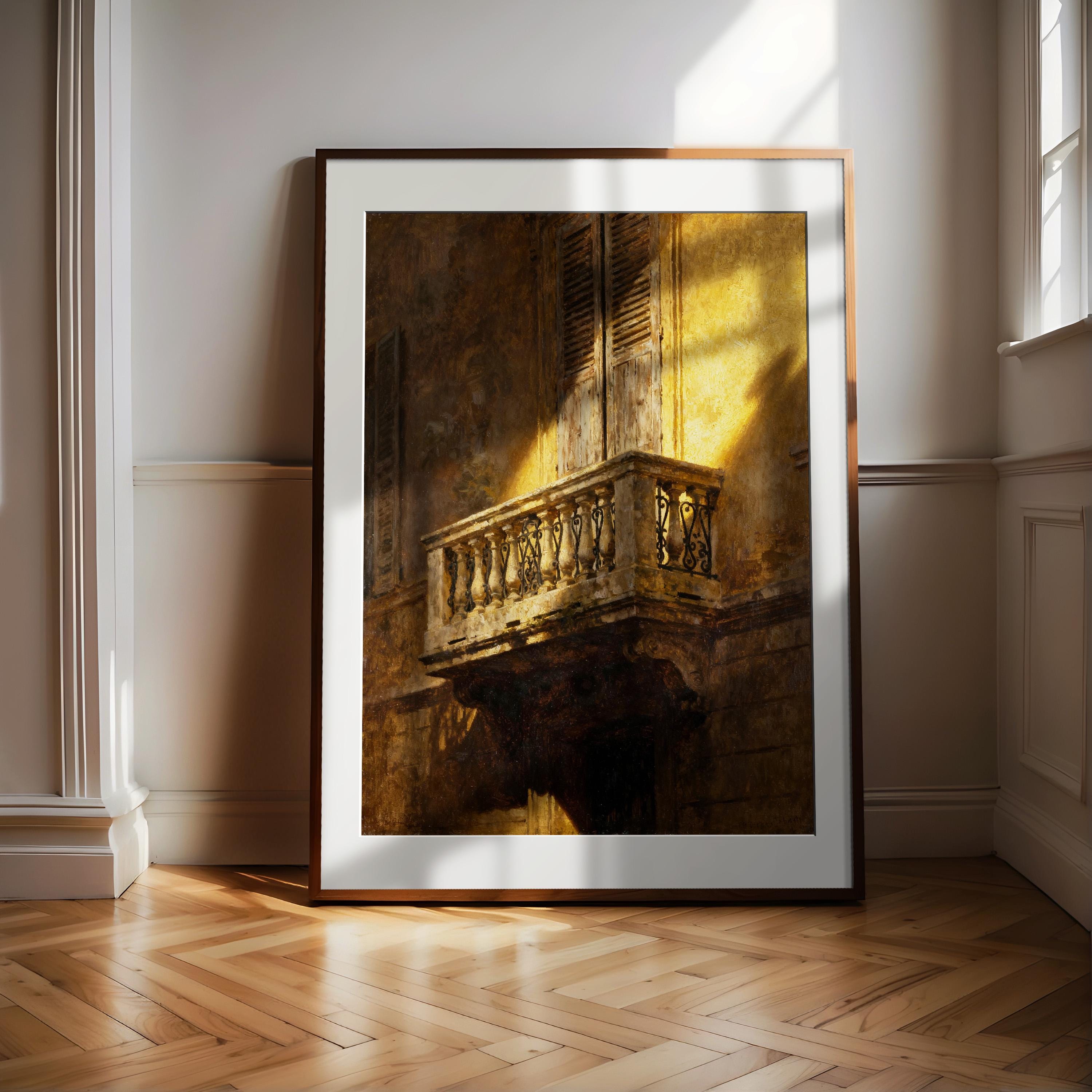 a large, square, wooden frame with a painting of a balcony with a wrought iron railing and shutters, set against a white wall and wooden floor.