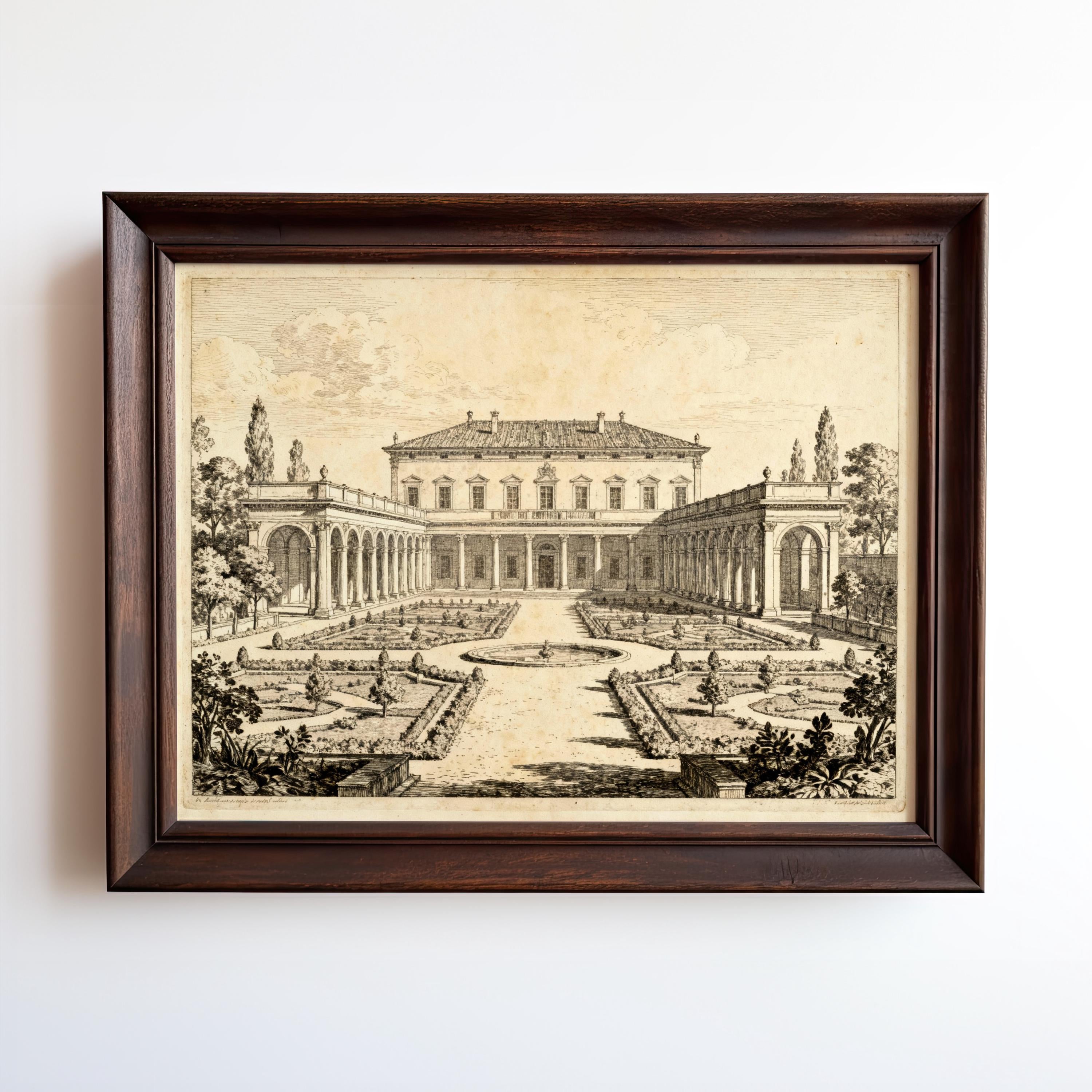Framed Italian Villa Art Print featuring a vintage architectural garden courtyard; displayed on a white wall, this antique-style artwork with wood & metal frames comes from the West & Wild Art Archive.