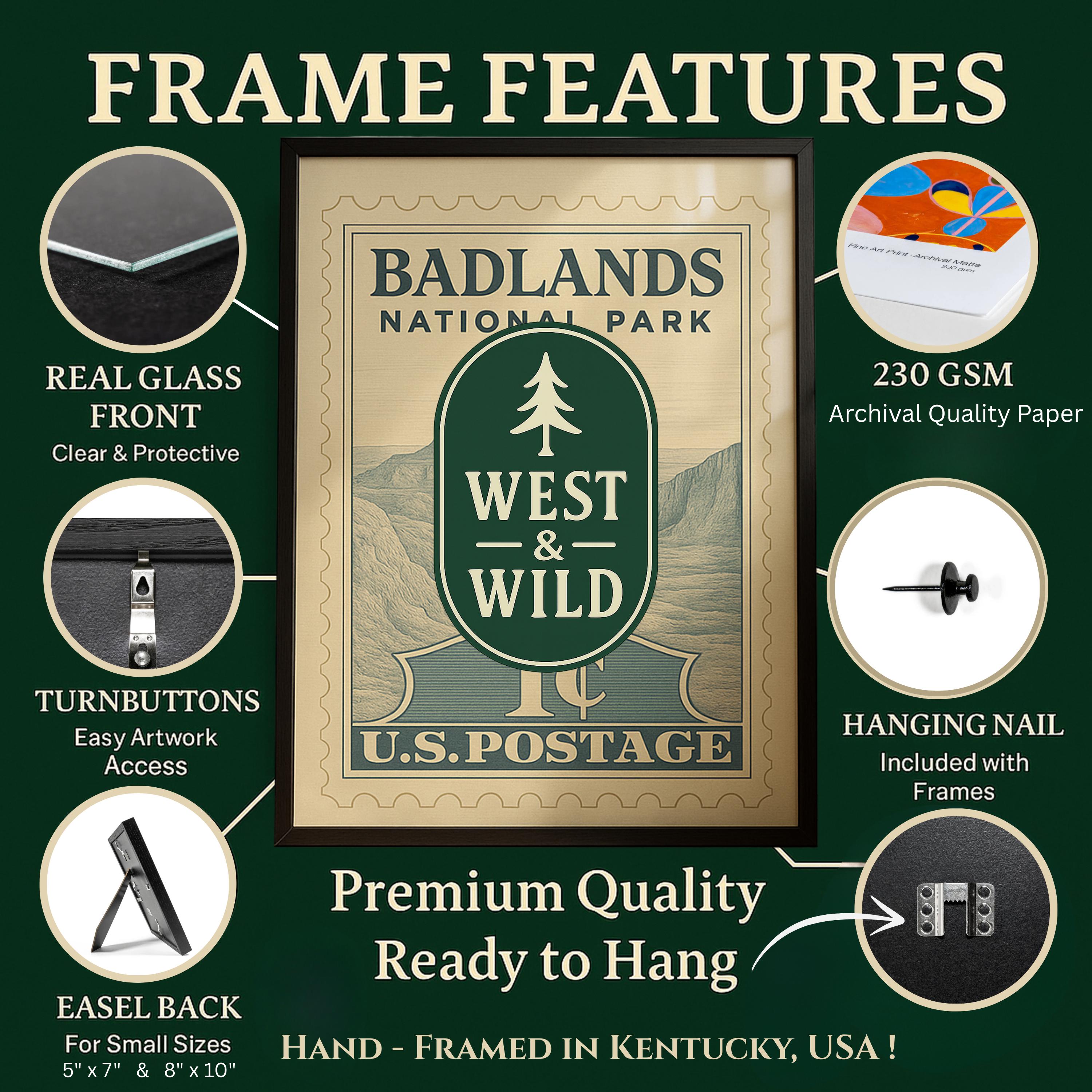 Premium frame features: Real glass, 230 GSM archival paper, and easel backs. Hand-framed quality at West & Wild Art Archive.