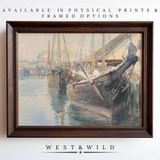 A framed vintage sailboat art print, featuring docked boats reflected in calm water. Classic Sailing Art – Sailboat Oil Paintings | 19th Century Nautical Artwork. Available as archival-quality prints & framed art by West & Wild.