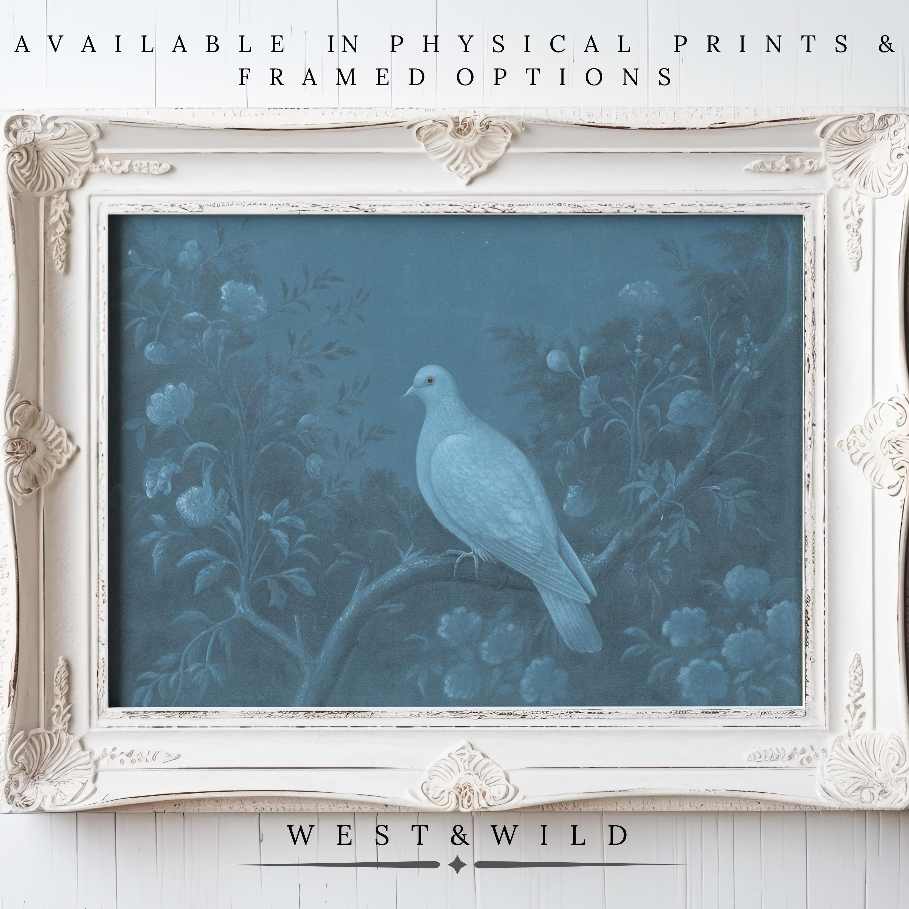 A framed Vintage Dove Art Print – Teal Floral Art & Classic Nature Illustration features a white dove on a flowering branch with a teal background. Available as physical prints & framed art from West & Wild Art Archive.