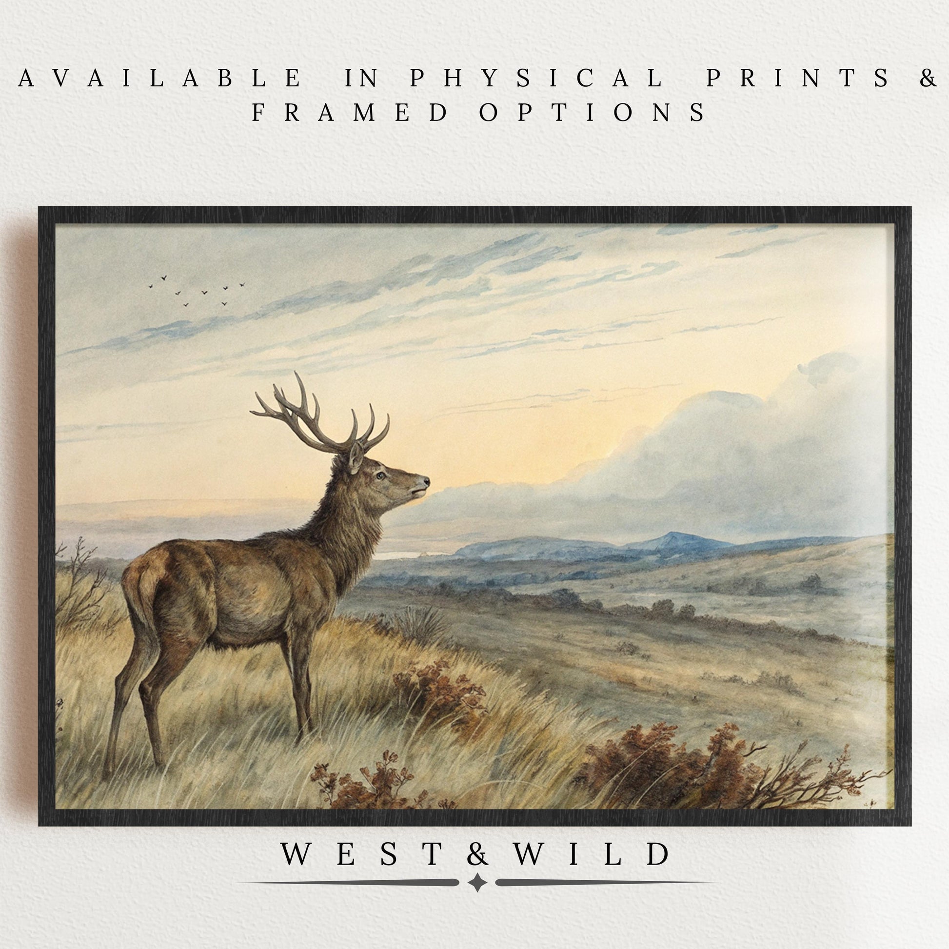 The Deer Art Print – Vintage Oil Painting Of Deer In Field adds rustic charm to any space and is perfect as cabin decor art.