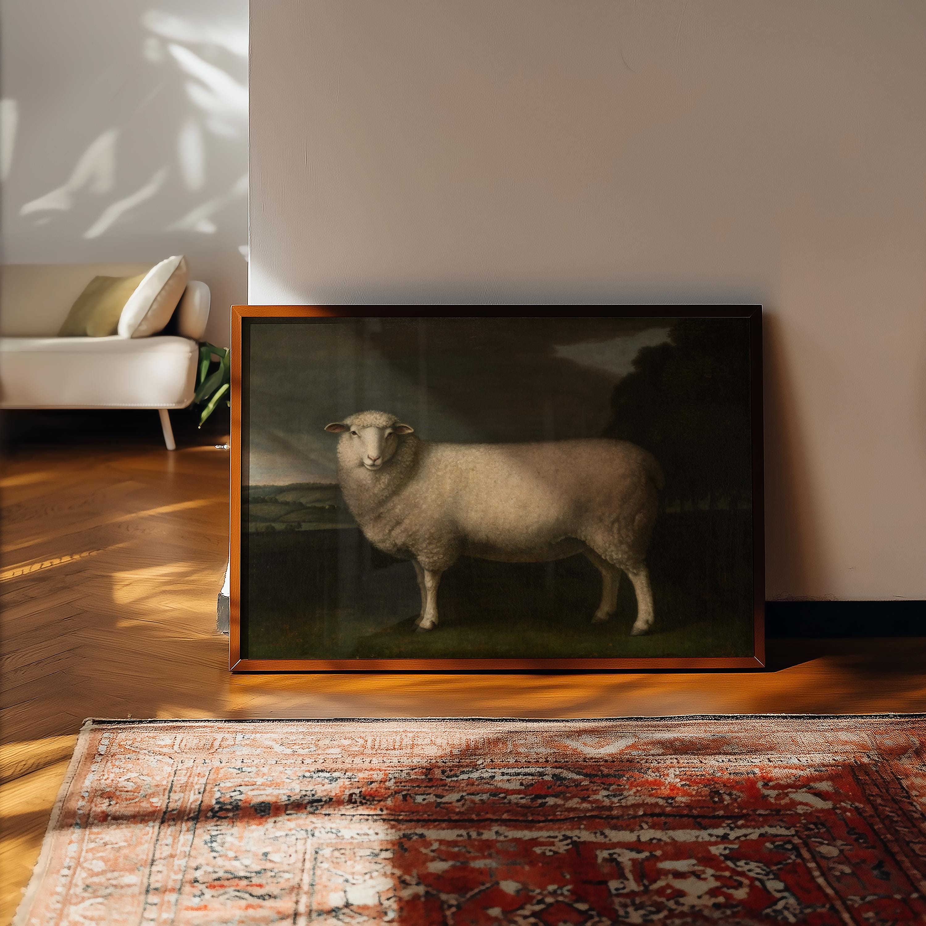 The Sheep Painting Print – Framed Vintage Country Home Artwork in Baroque Style stands against a white wall on a wooden floor, sunlight casting soft shadows beside it, completing the vintage West & Wild Art Archive look.