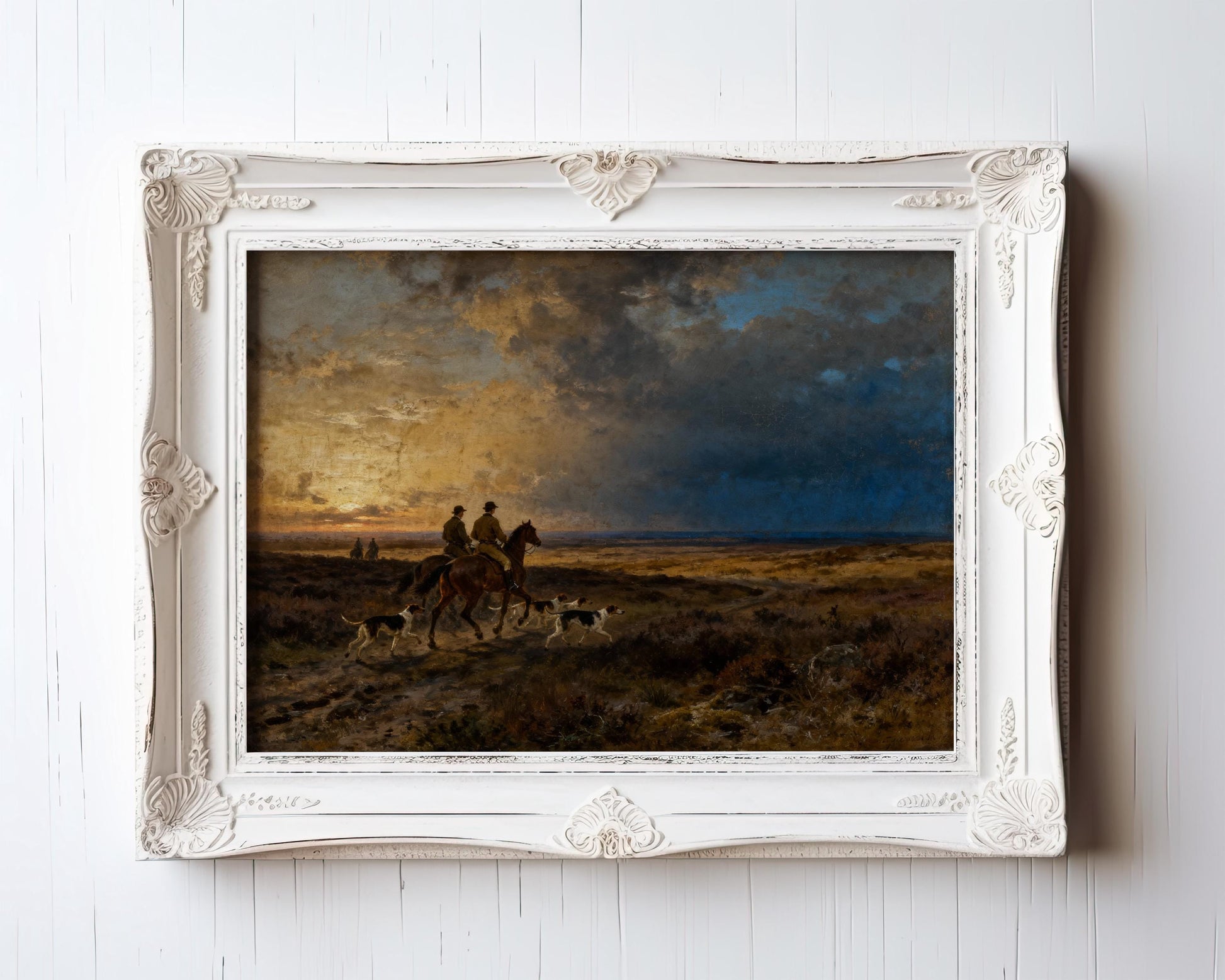 The image is a painting of two people riding horses in a field, with a dramatic sky in the background.