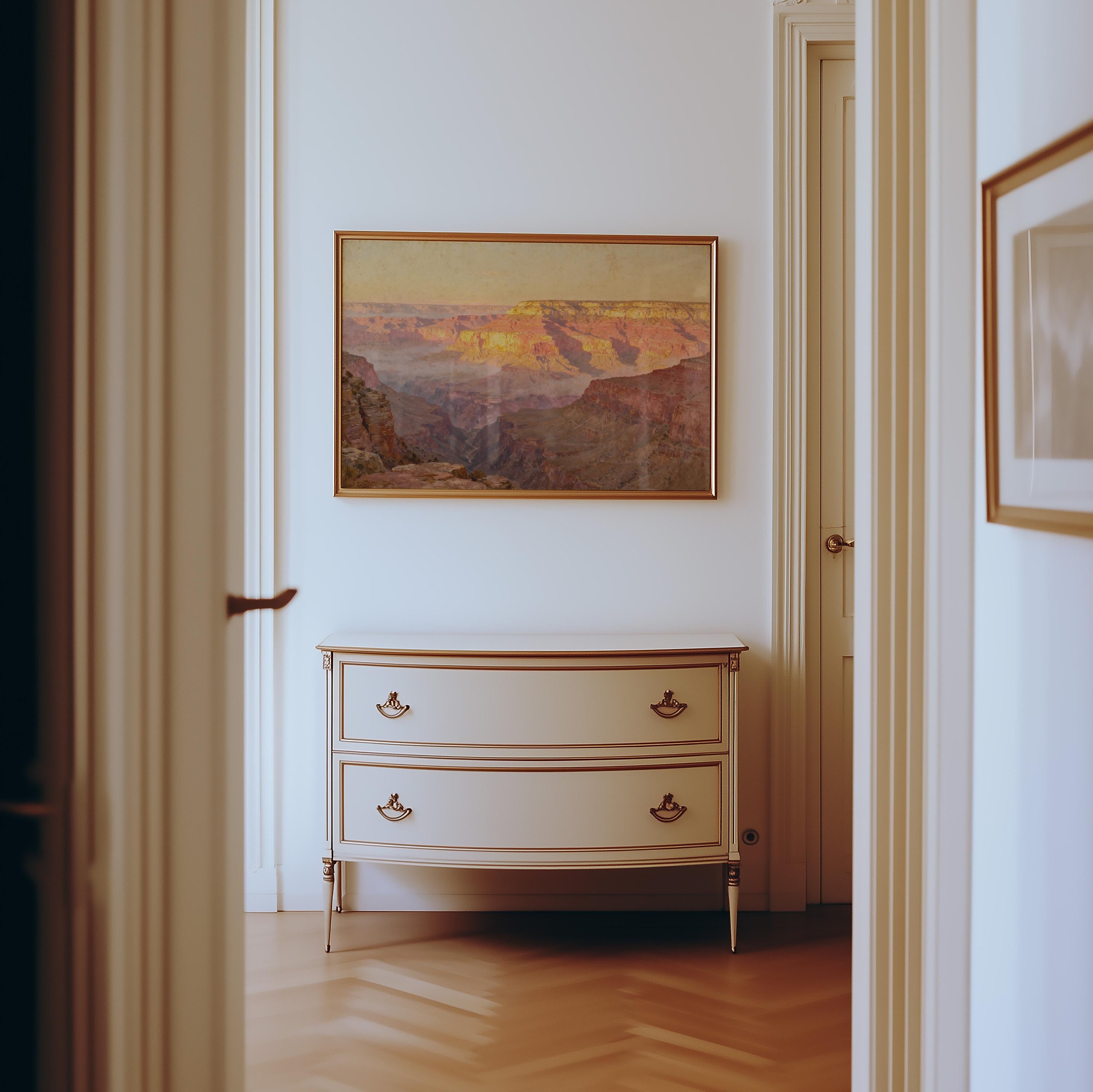 a hallway with a white dresser and a framed painting of a mountain landscape hanging on the wall above it.