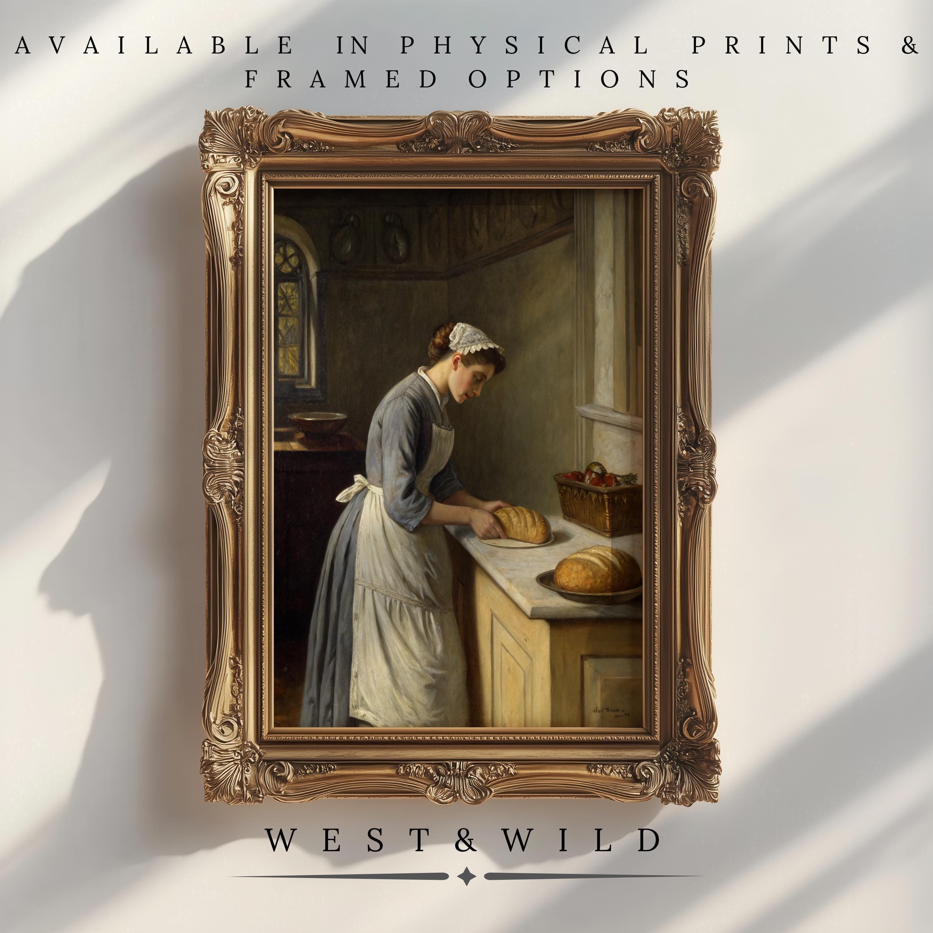 A framed "Vintage Baking Wall Art – Rustic Farmhouse Kitchen Decor" print shows a woman kneading dough in a sunlit kitchen. Available as vintage art prints or framed art. Bottom text: West & Wild Art Archive.