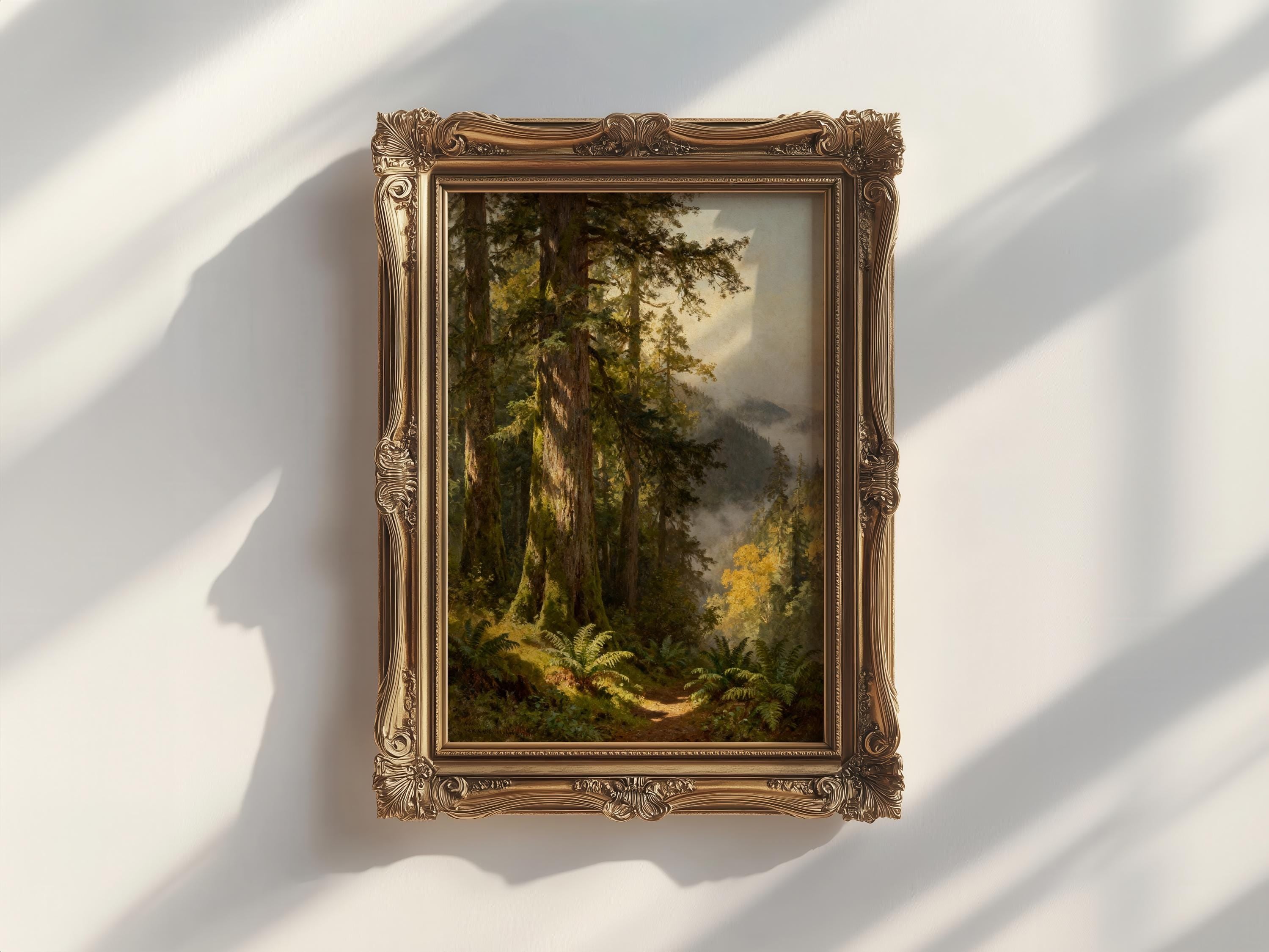 a painting of a forest scene with tall trees and lush greenery, hanging on a white wall.