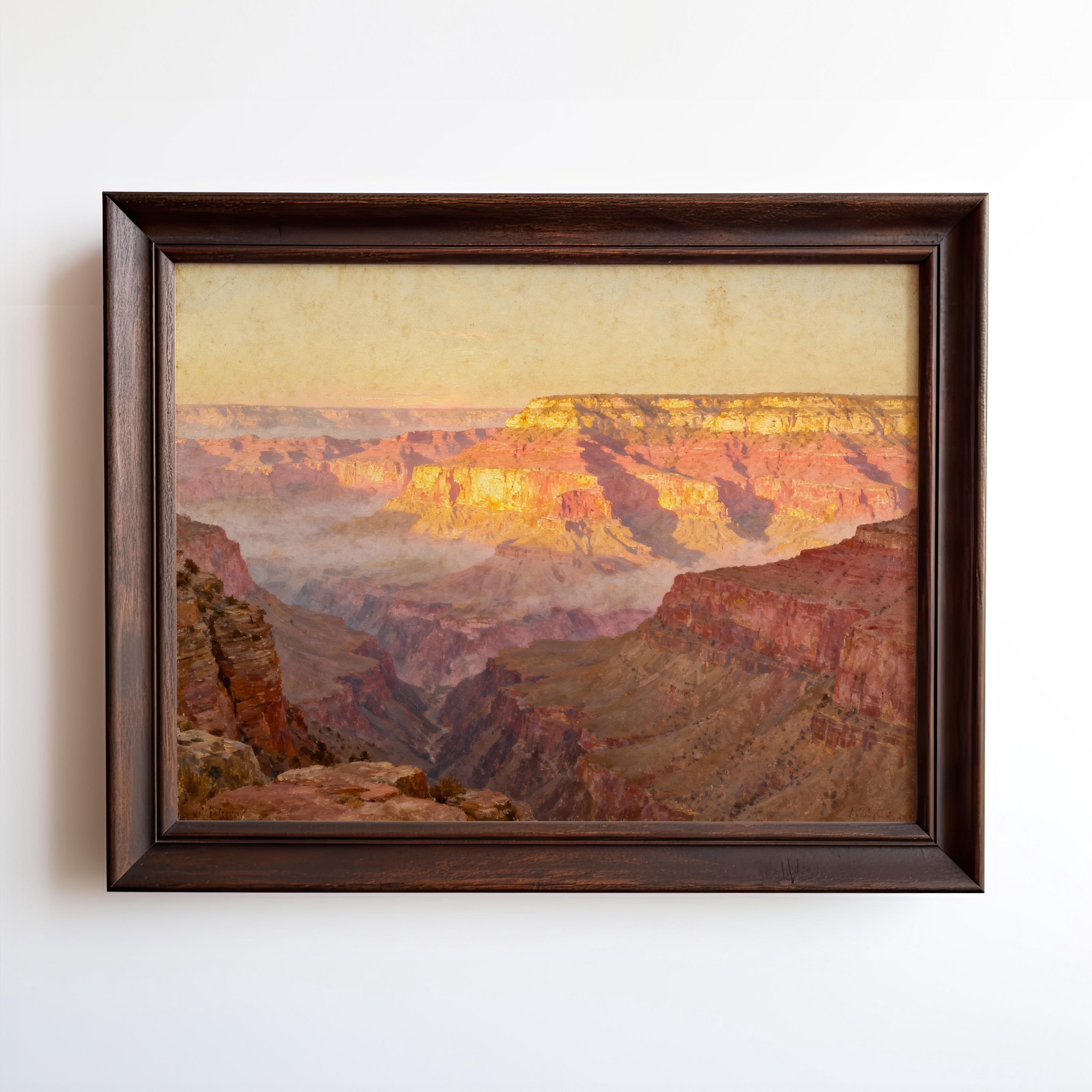 The image is a framed painting depicting a breathtaking view of the Grand Canyon, with its vibrant colors and dramatic landscape.