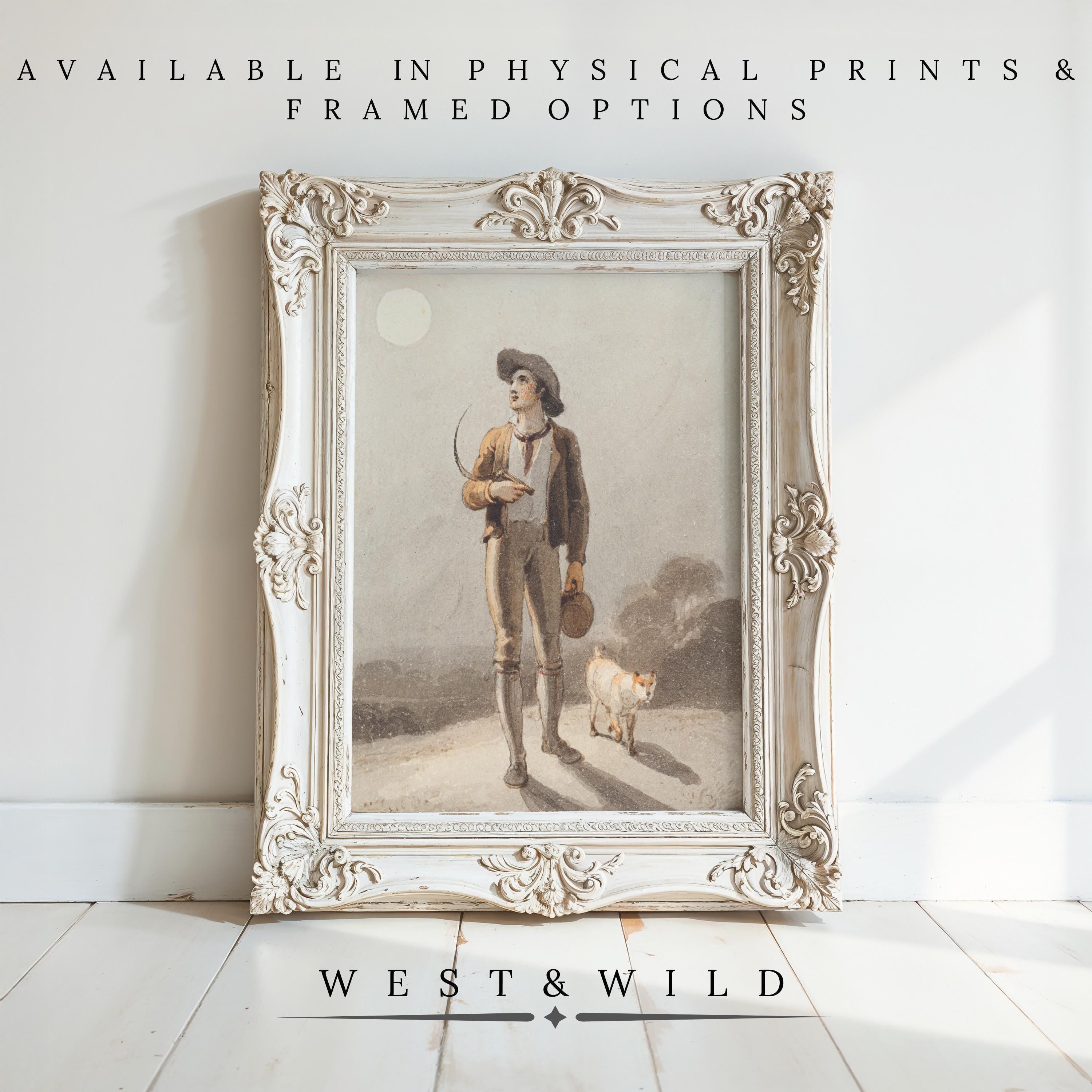 An ornate white frame displays "Vintage Wall Art – Classic Watercolor Painting With Dog," a Victorian print of a person with hat and cane beside their dog beneath the moon. Archival quality by West & Wild Art Archive.