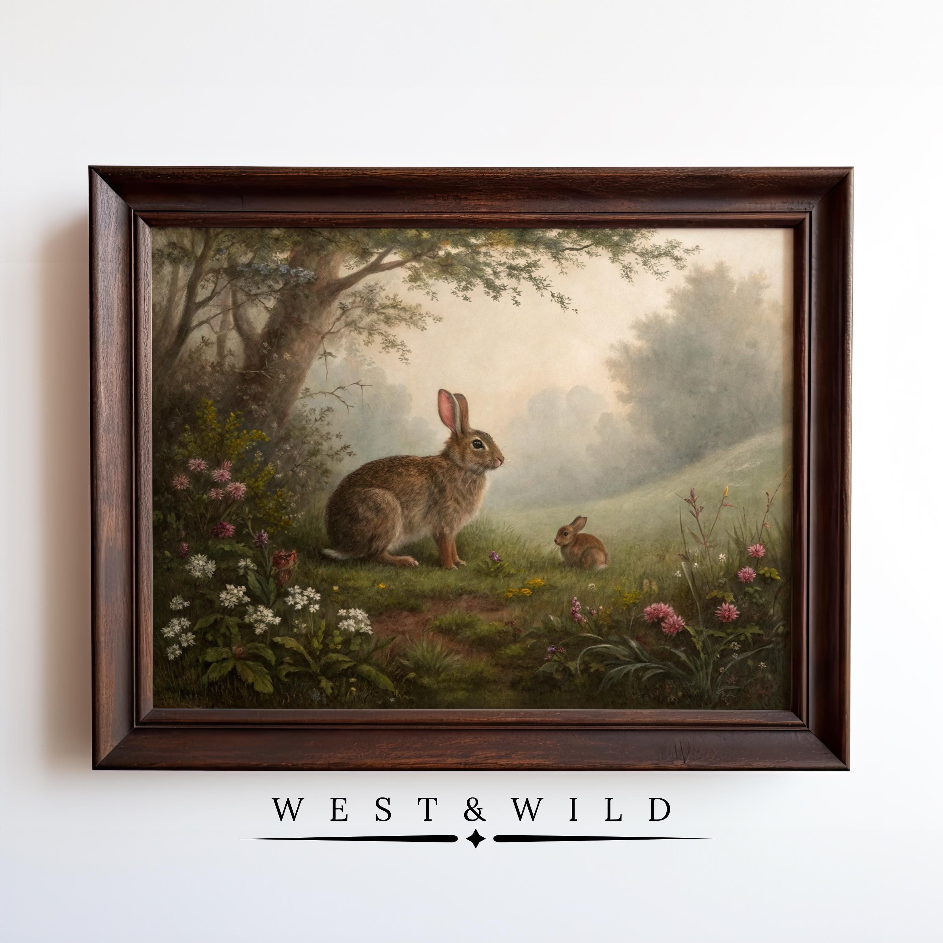 A framed Vintage Rabbit Painting from West & Wild features two bunnies in a flower-filled meadow—classic wall art for nursery or baby decor. Part of the Art Archive collection, it’s titled "Vintage Art Prints & Framed Art.