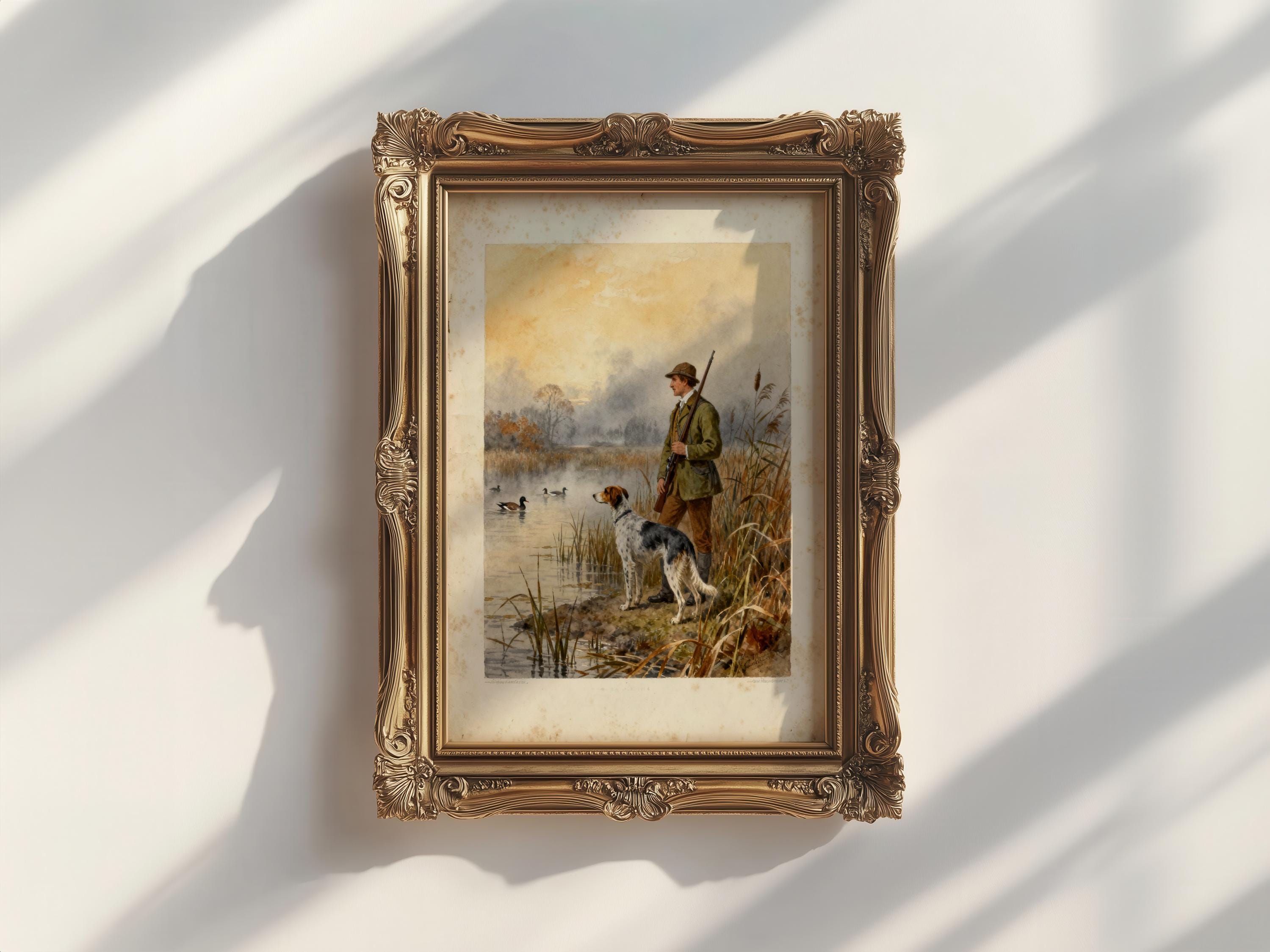 A painting of a man standing on a grassy bank, holding a rifle and accompanied by a dog, with ducks swimming in the water in the background.