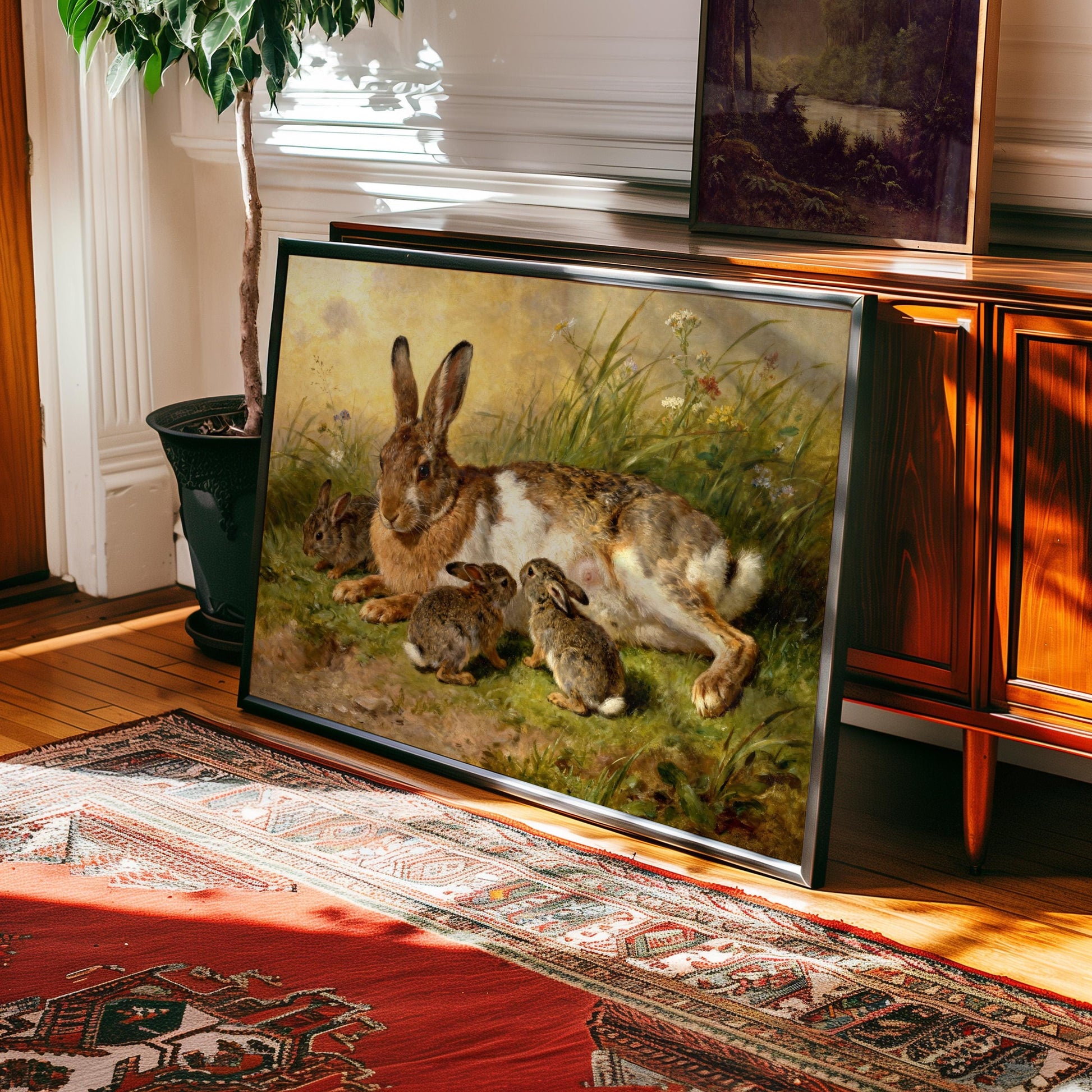 a painting of a mother rabbit and her two baby rabbits in a grassy field.