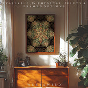 A sunlit room showcases the Botanical Kaleidoscope Print – a vintage botanical wall art with floral mandala design, displayed above a wooden sideboard with plants. Available as museum-grade prints & framed art. West & Wild Art Archive.