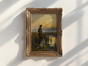 The image is a painting of a man and a dog standing in a field, with the man holding a rifle and the dog sitting nearby.