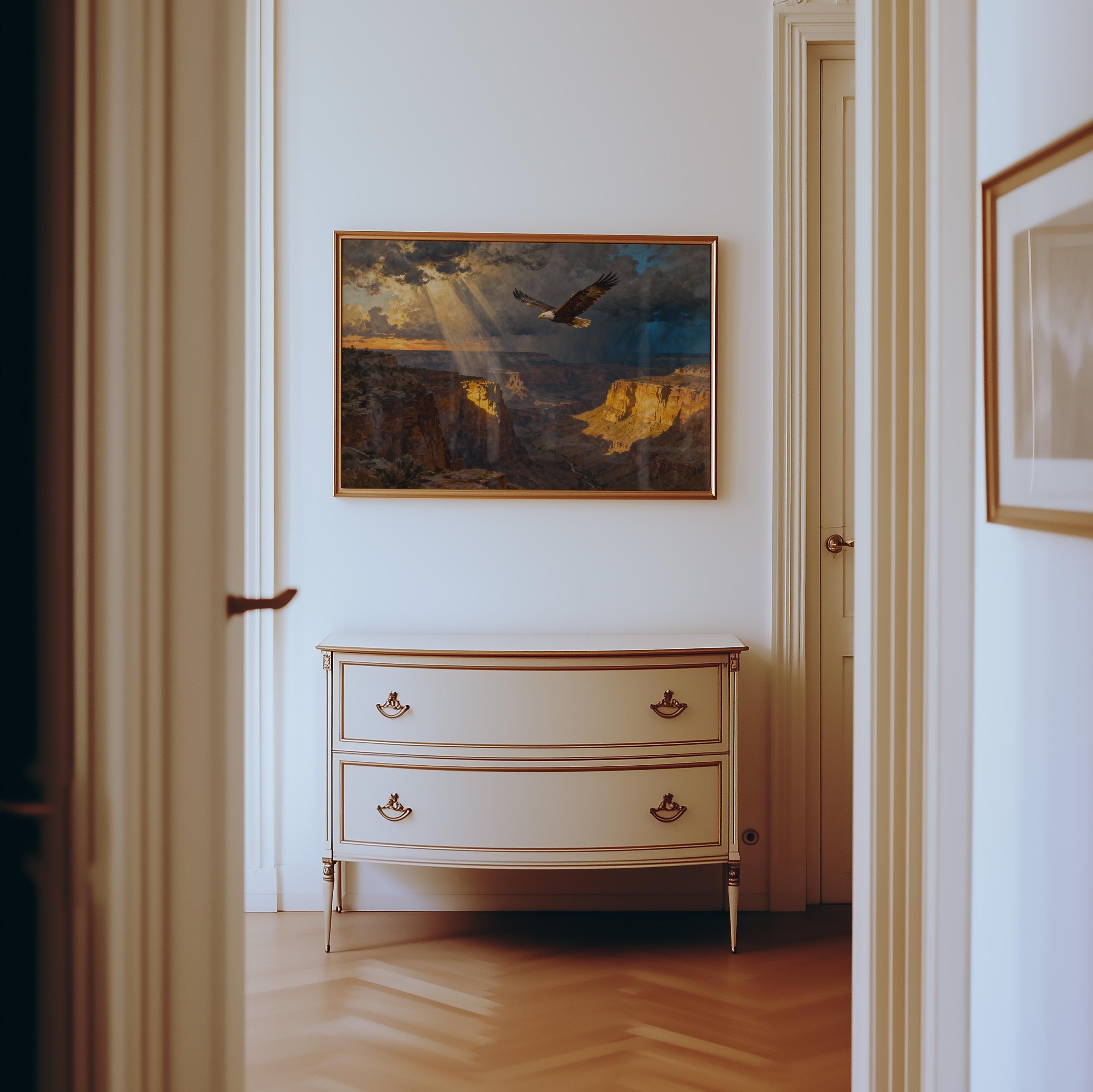a hallway with a white dresser and a framed painting of a bird in flight above it. The hallway is framed by white doors and has a wooden floor.
