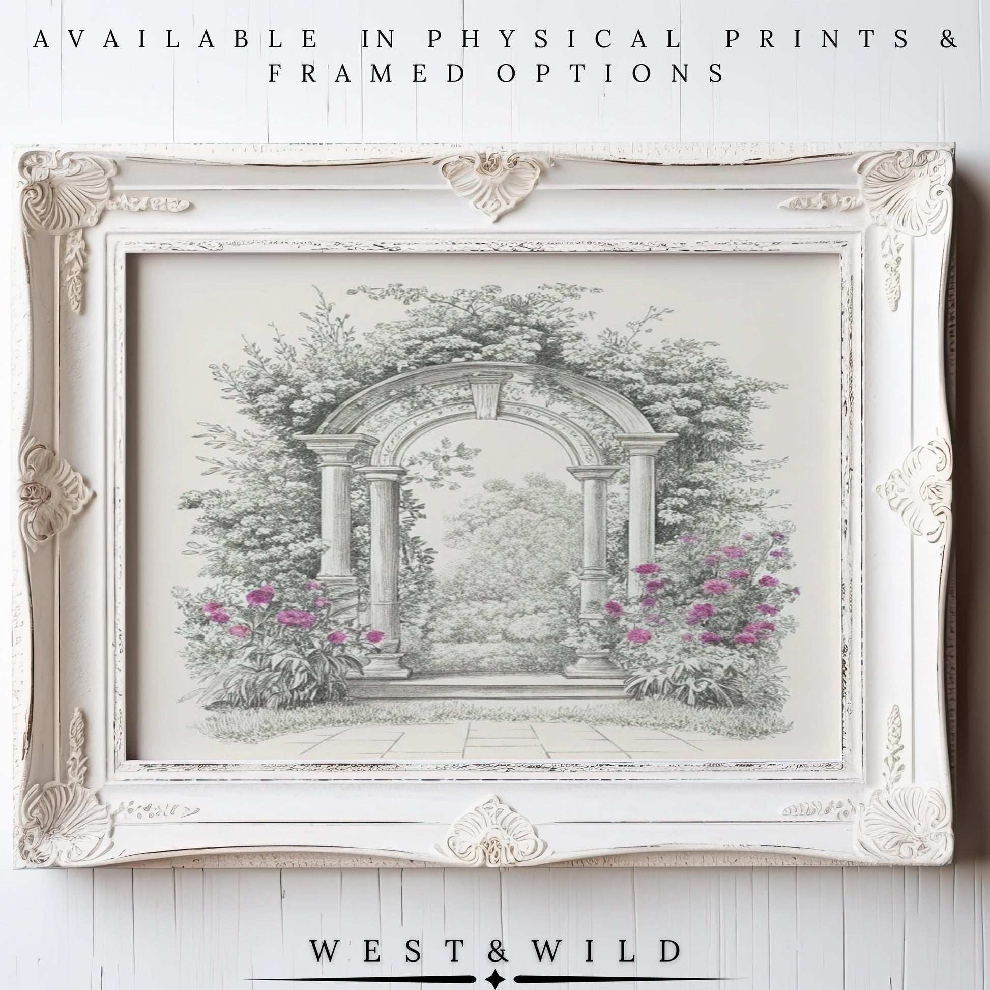 The Classical Garden Arch Print features a grayscale garden archway with trees, bushes, and pink flowers. Available as prints or framed art from West & Wild Art Archive—a timeless vintage addition to your space.