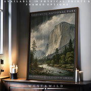 A framed Yosemite National Park Art - El Capitan Wall Art print sits on a table near lit candles in a dim room, displaying mountains, pines, and a river. Text highlights archival quality and West & Wild Art Archive print options.