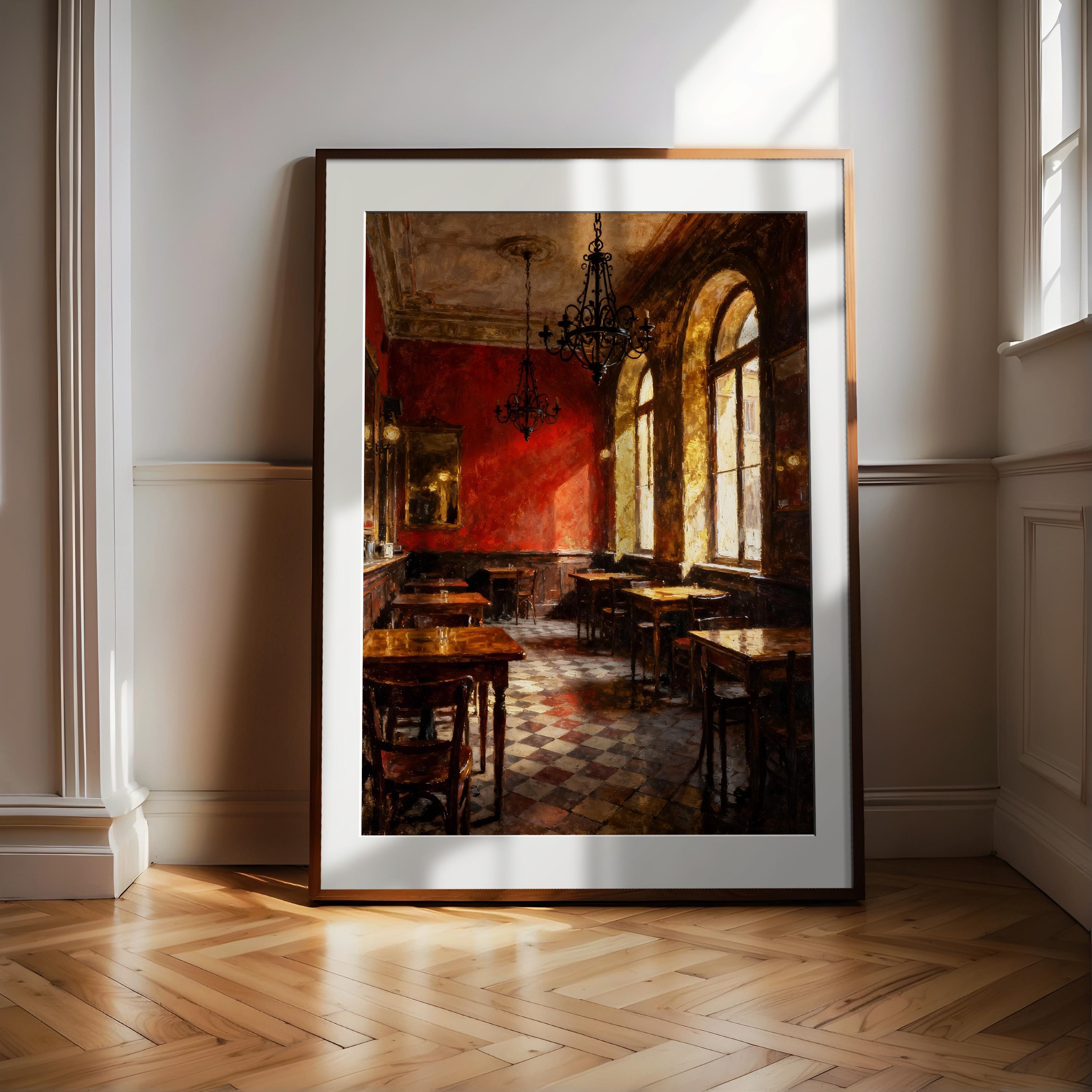 The European Café Art Print showcases a vintage interior with warm light, red walls, arched windows, chandeliers, and wooden tables—an archival-quality framed art piece from the West & Wild Art Archive.