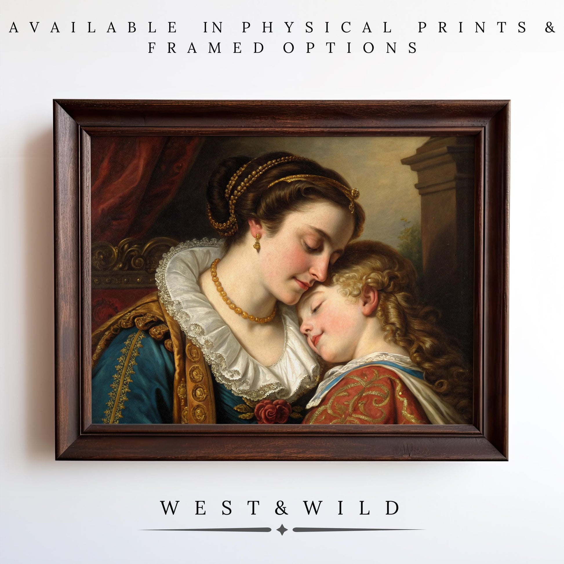 A classic Victorian-style oil painting print of a mother and daughter in vintage attire, set on white. Available as archival quality prints or framed art. Mother Daughter Oil Painting – West & Wild Art Archive.