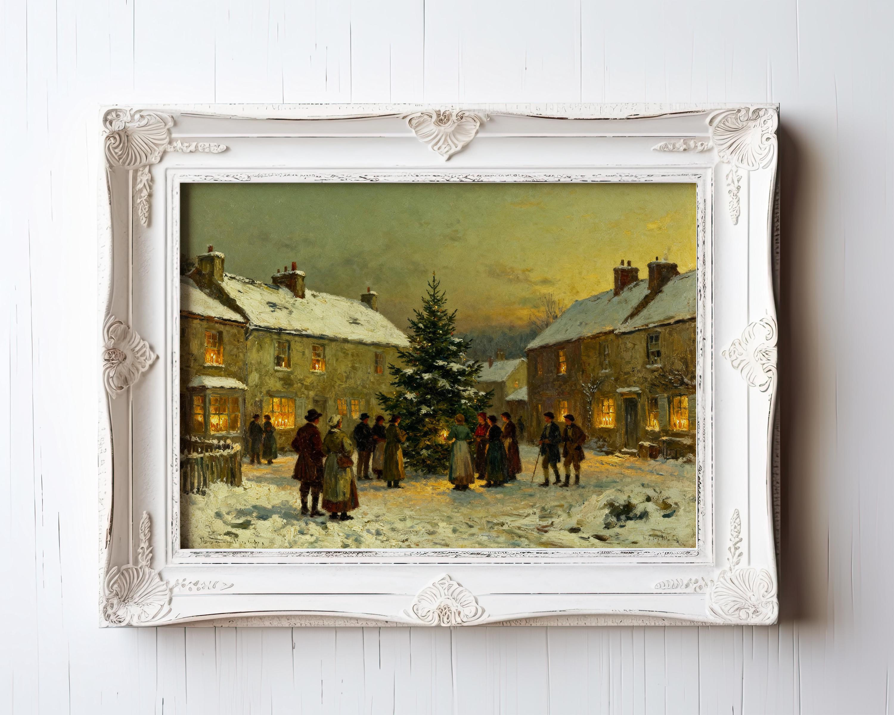 The Village Christmas Tree Art–Classic Holiday Winter Scene features a vintage print of a snowy village with people around a glowing tree, available framed or unframed. Archival quality from West & Wild Art Archive ensures lasting beauty.