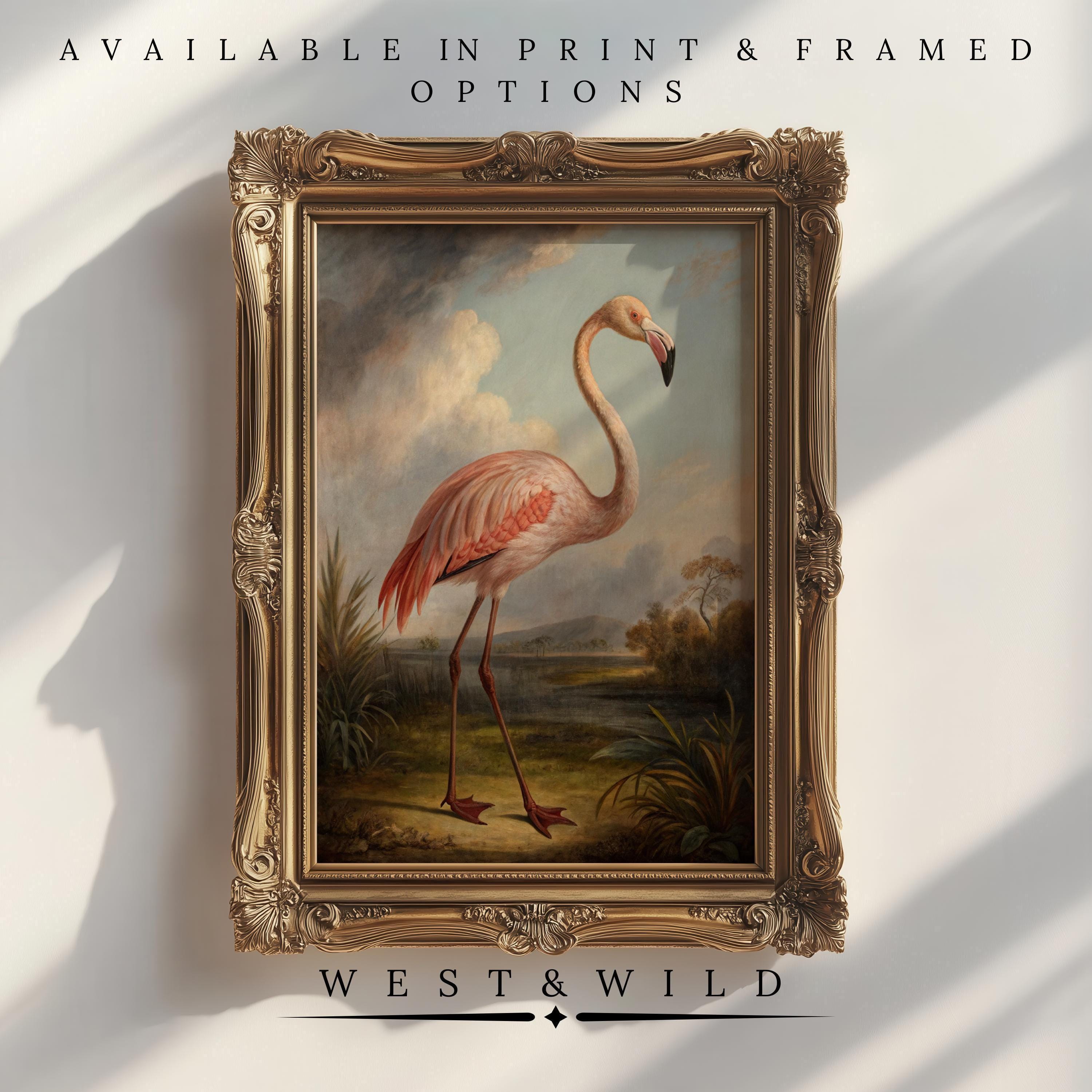 A framed Vintage Flamingo Painting with a classic oil style decorates the wall. Text above says Available in print & framed options, below reads Vintage Flamingo Painting - Vintage Art Prints & Framed Art.