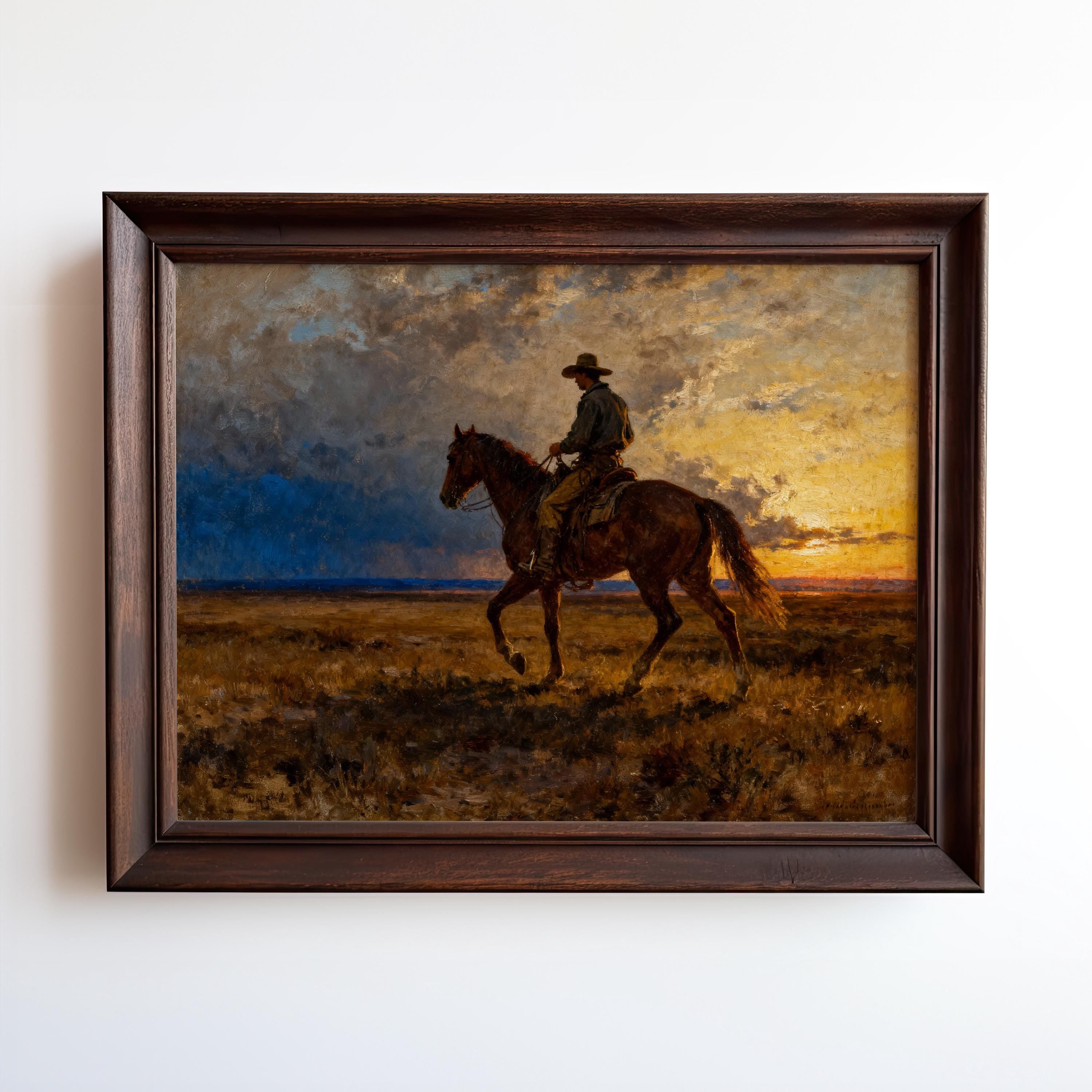 A cowboy riding a horse in a field at sunset.