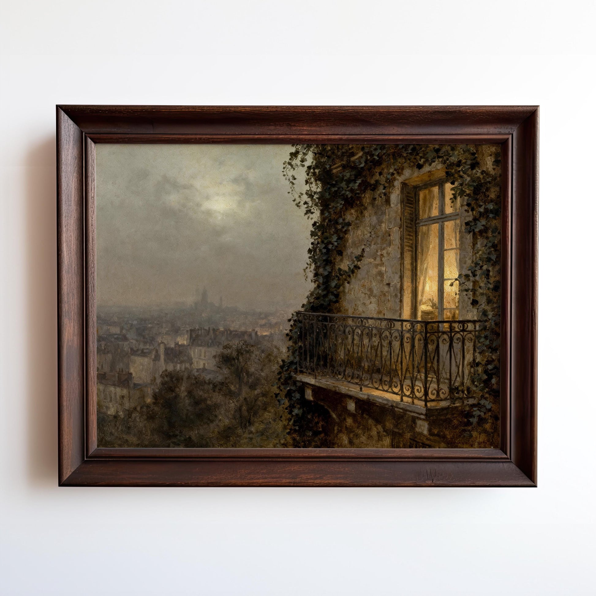 This Paris Balcony Art Print features a vintage cityscape with ivy walls and a glowing window at dusk, beautifully framed with an archival matte finish for lasting beauty. Vintage Art Prints & Framed Art from West & Wild Art Archive.