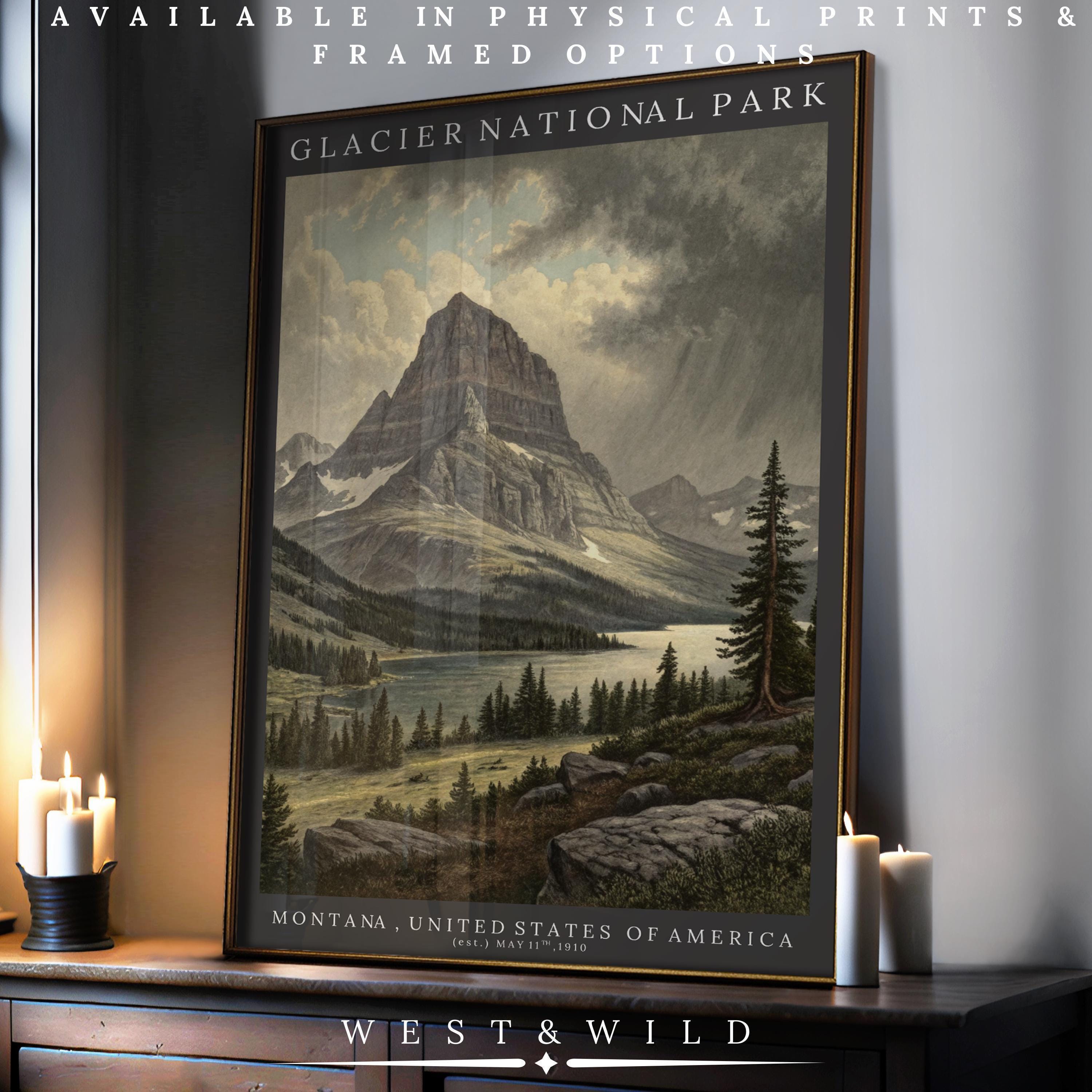 Glacier National Park Art Print - Vintage Mountain Landscape Framed Wall Art - Vintage Art Prints & Framed Art