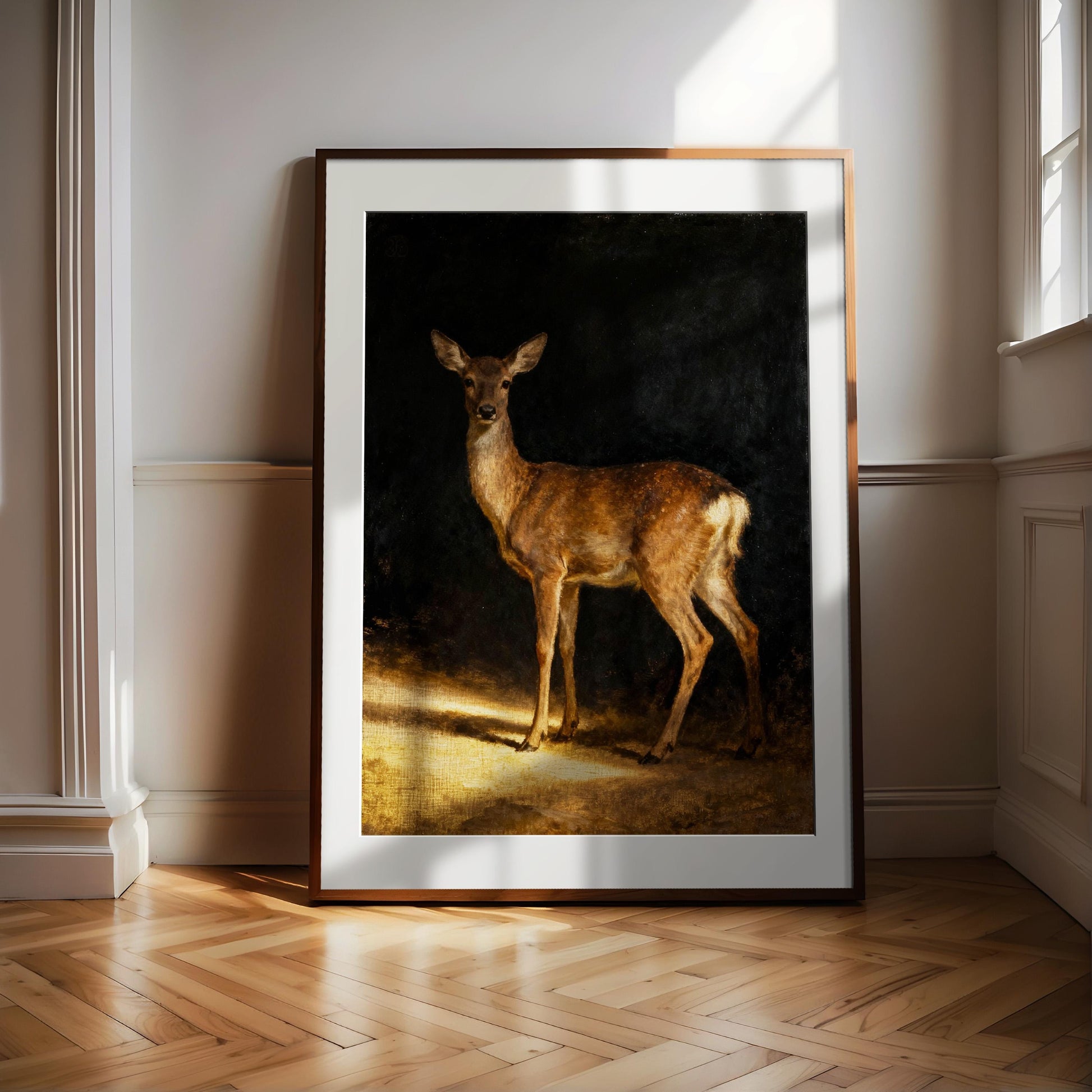 a deer standing in a dark room with a wooden floor.