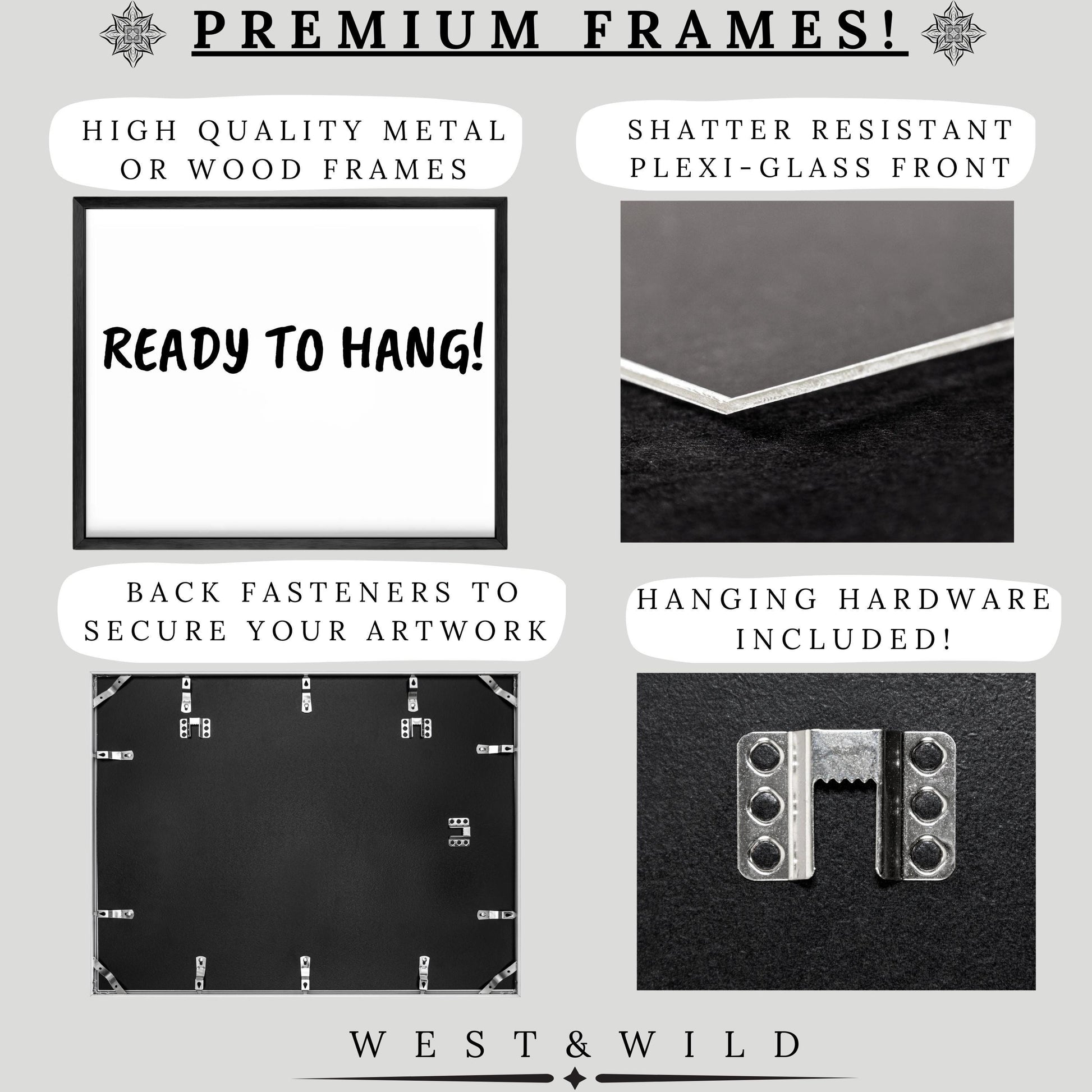 Four images highlight premium features of the Mississippi River Steamship Painting vintage lithograph: ready-to-hang print, shatter-resistant plexi-glass, secure fasteners on back, and included hardware. Text reads: Premium Frames! West & Wild Art Archive.