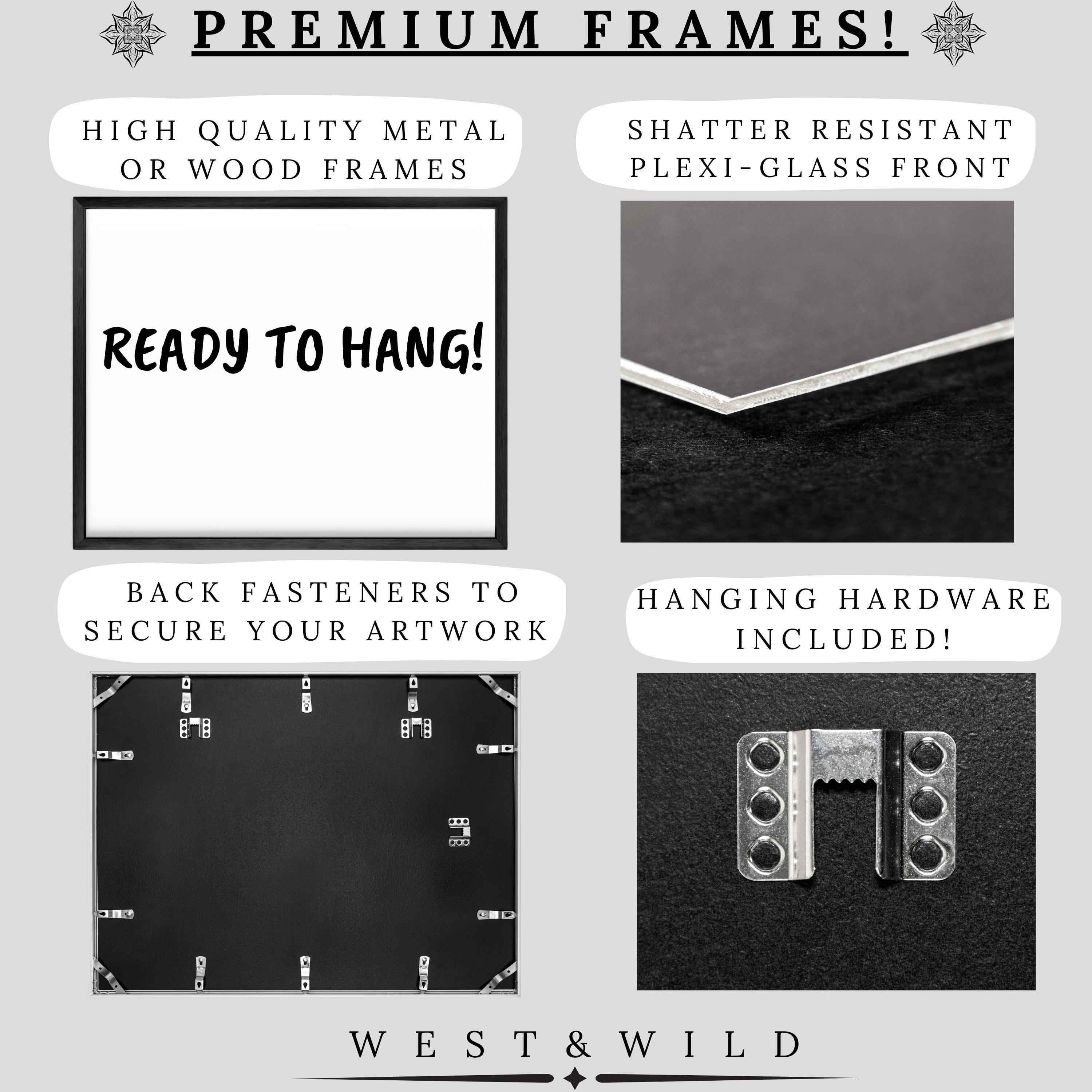 Four images highlight premium features of the Mississippi River Steamship Painting vintage lithograph: ready-to-hang print, shatter-resistant plexi-glass, secure fasteners on back, and included hardware. Text reads: Premium Frames! West & Wild Art Archive.