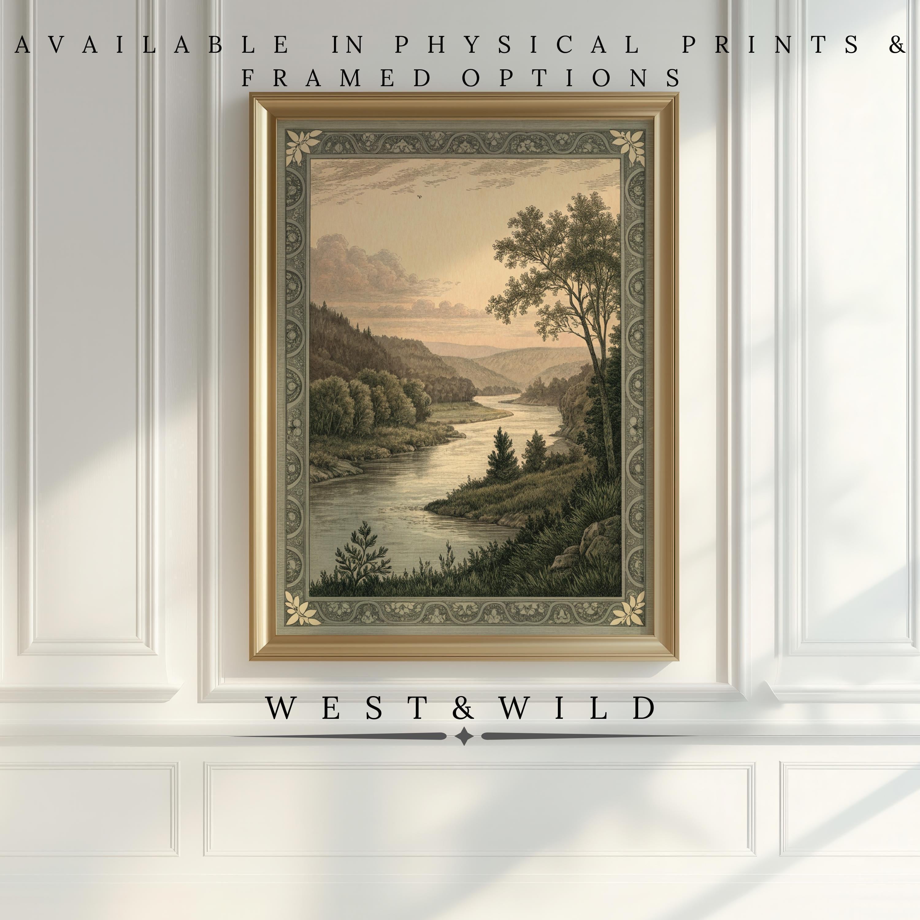A Victorian Style Wall Art – Vintage Landscape Etching hangs on a white wall. Available as archival quality vintage art prints & framed rustic farmhouse decor. From West & Wild Art Archive.
