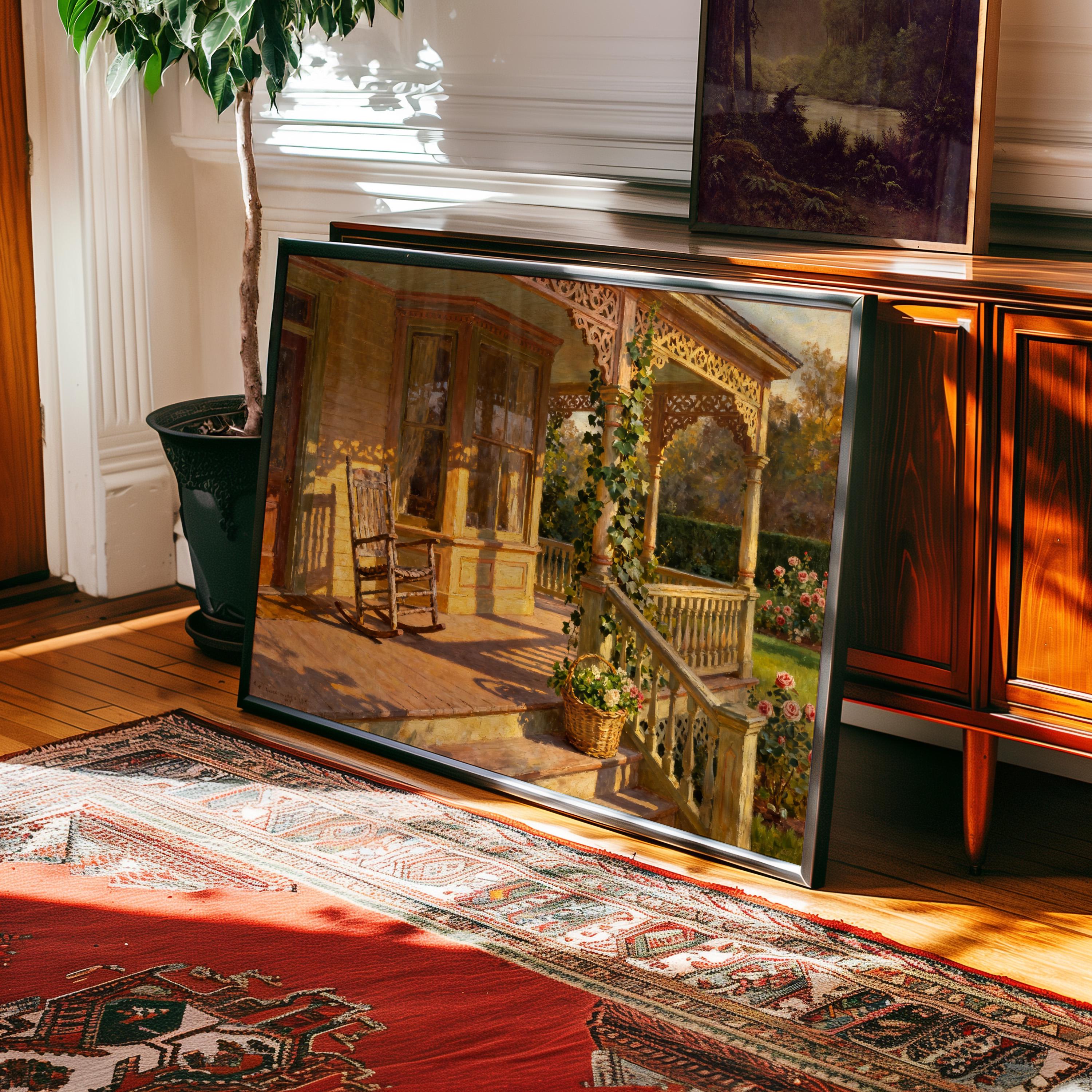 a large framed painting of a porch with a rocking chair, displayed on a wooden cabinet in a room with a rug and a potted plant.