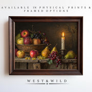A framed Fruit Still Life Painting—moody oil farmhouse art with apples, pears & grapes. Vintage art prints & framed options available from West & Wild Art Archive.