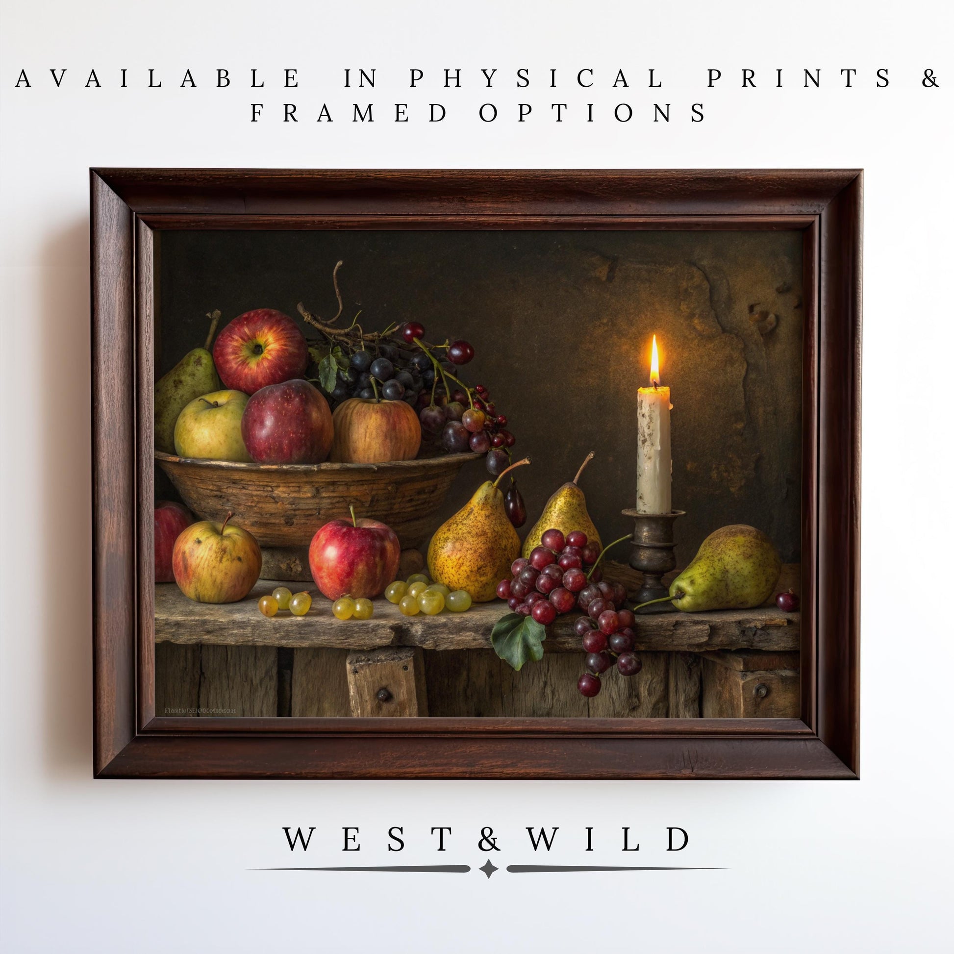 A framed Fruit Still Life Painting—moody oil farmhouse art with apples, pears & grapes. Vintage art prints & framed options available from West & Wild Art Archive.