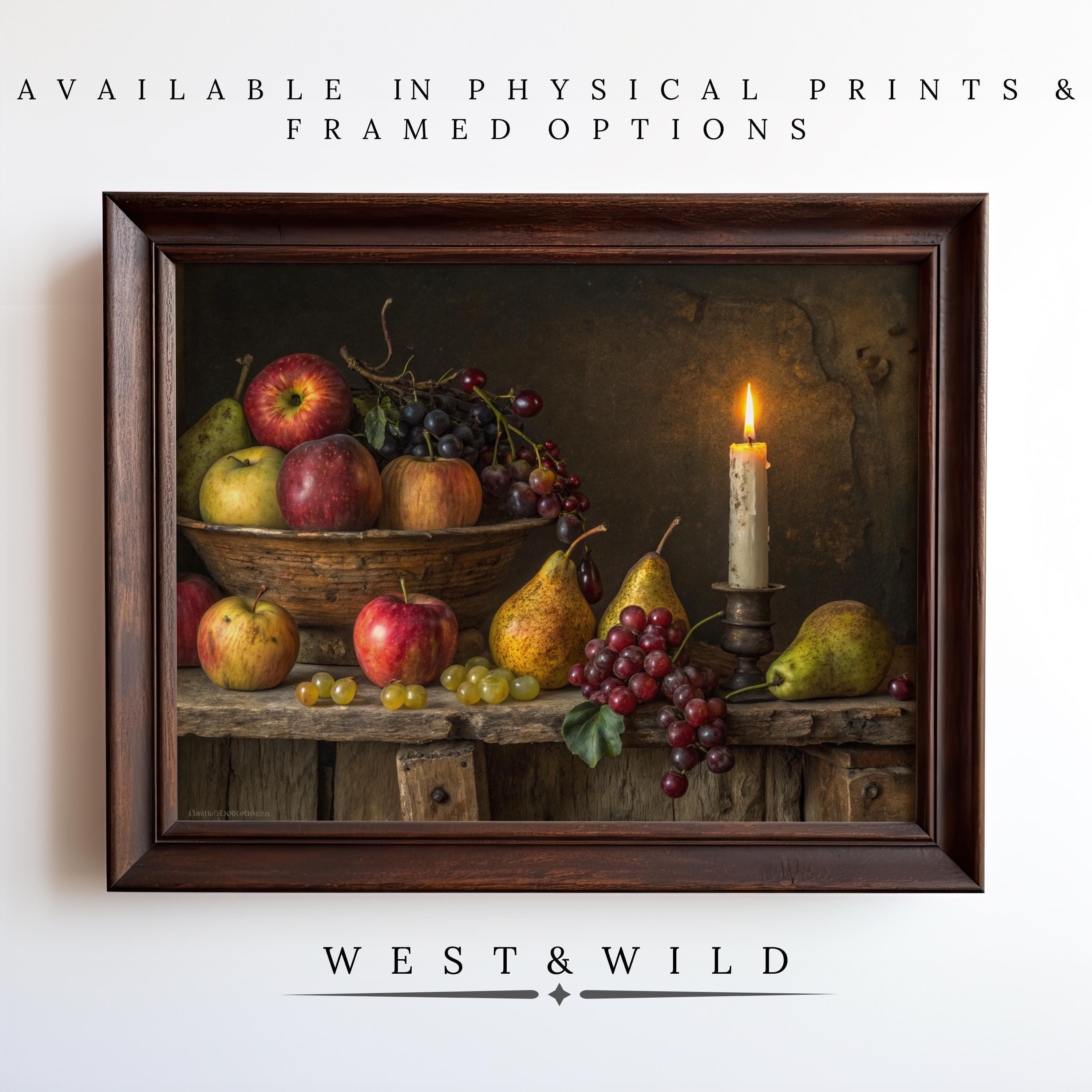 A framed Fruit Still Life Painting—moody oil farmhouse art with apples, pears & grapes. Vintage art prints & framed options available from West & Wild Art Archive.
