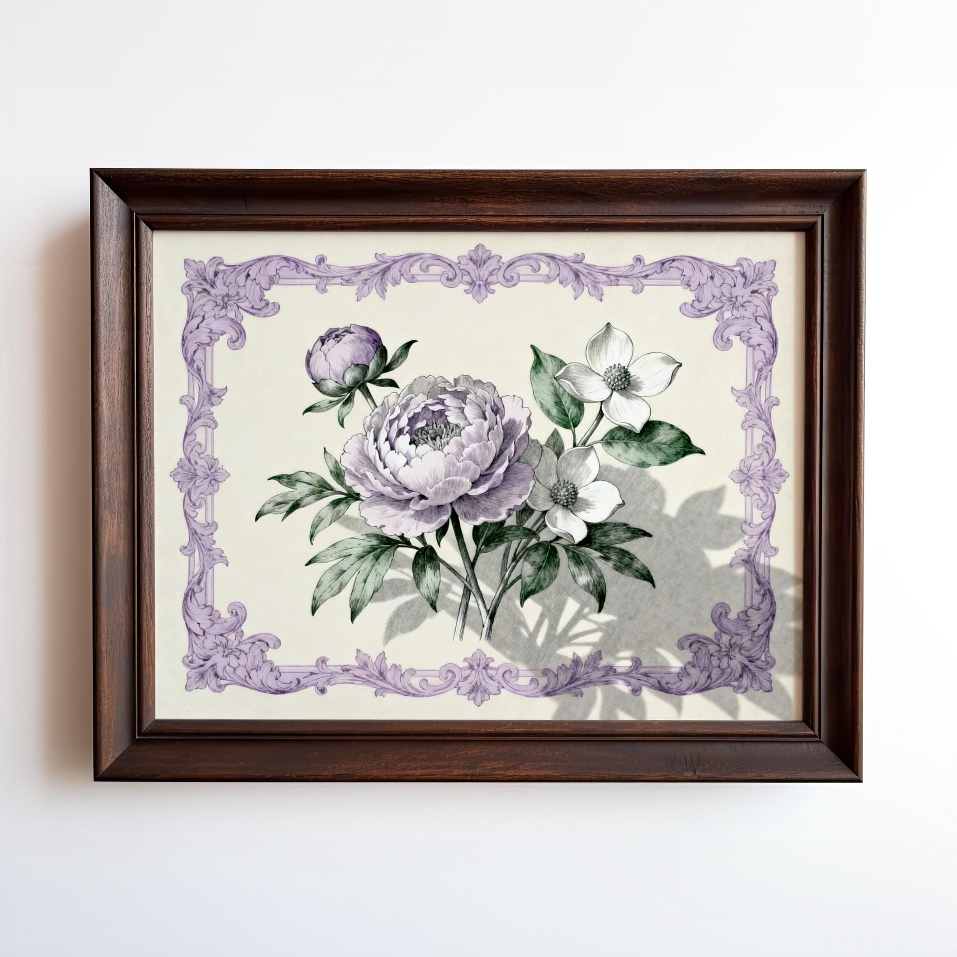 The image is a framed print featuring a floral design with purple flowers and leaves.