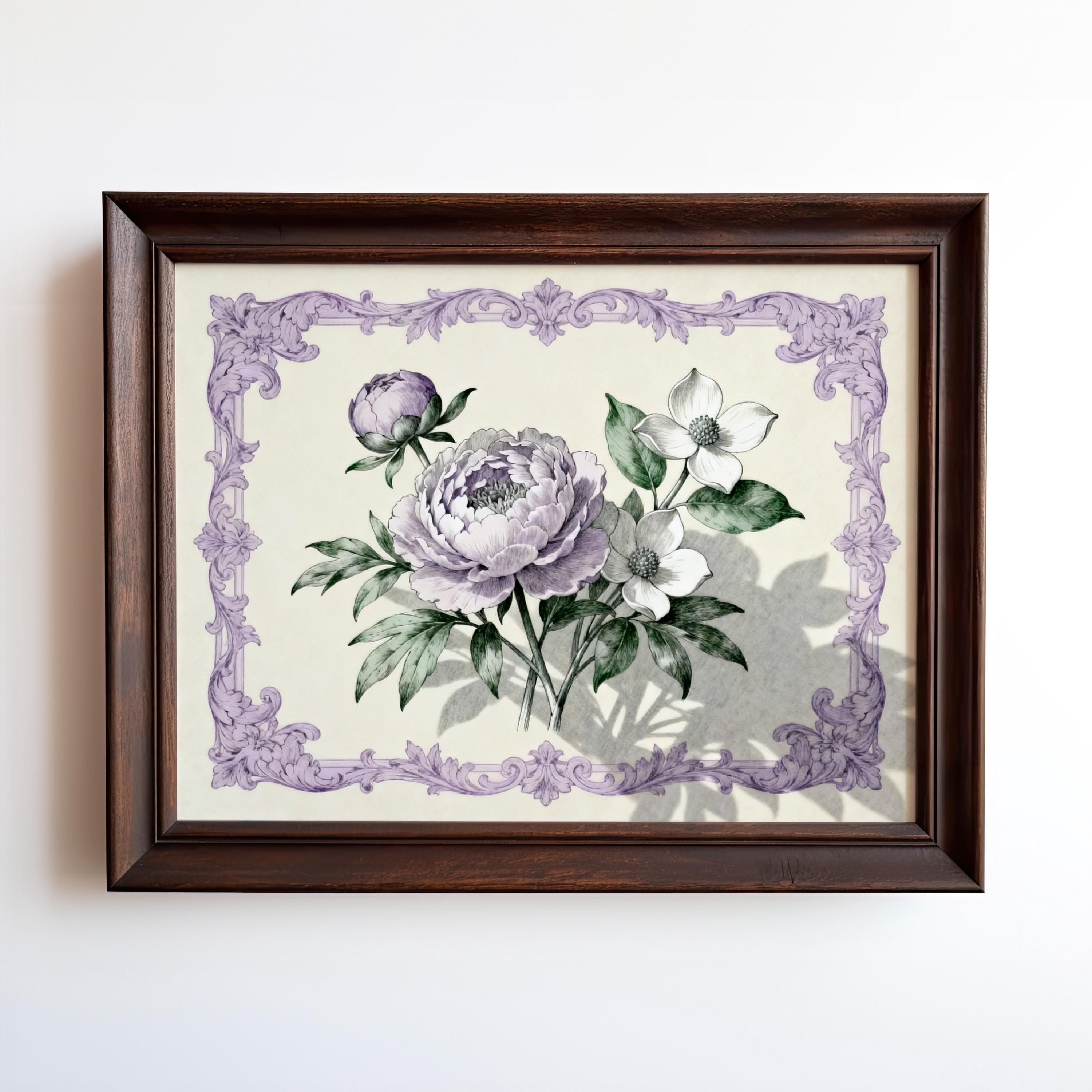 The image is a framed print featuring a floral design with purple flowers and leaves.