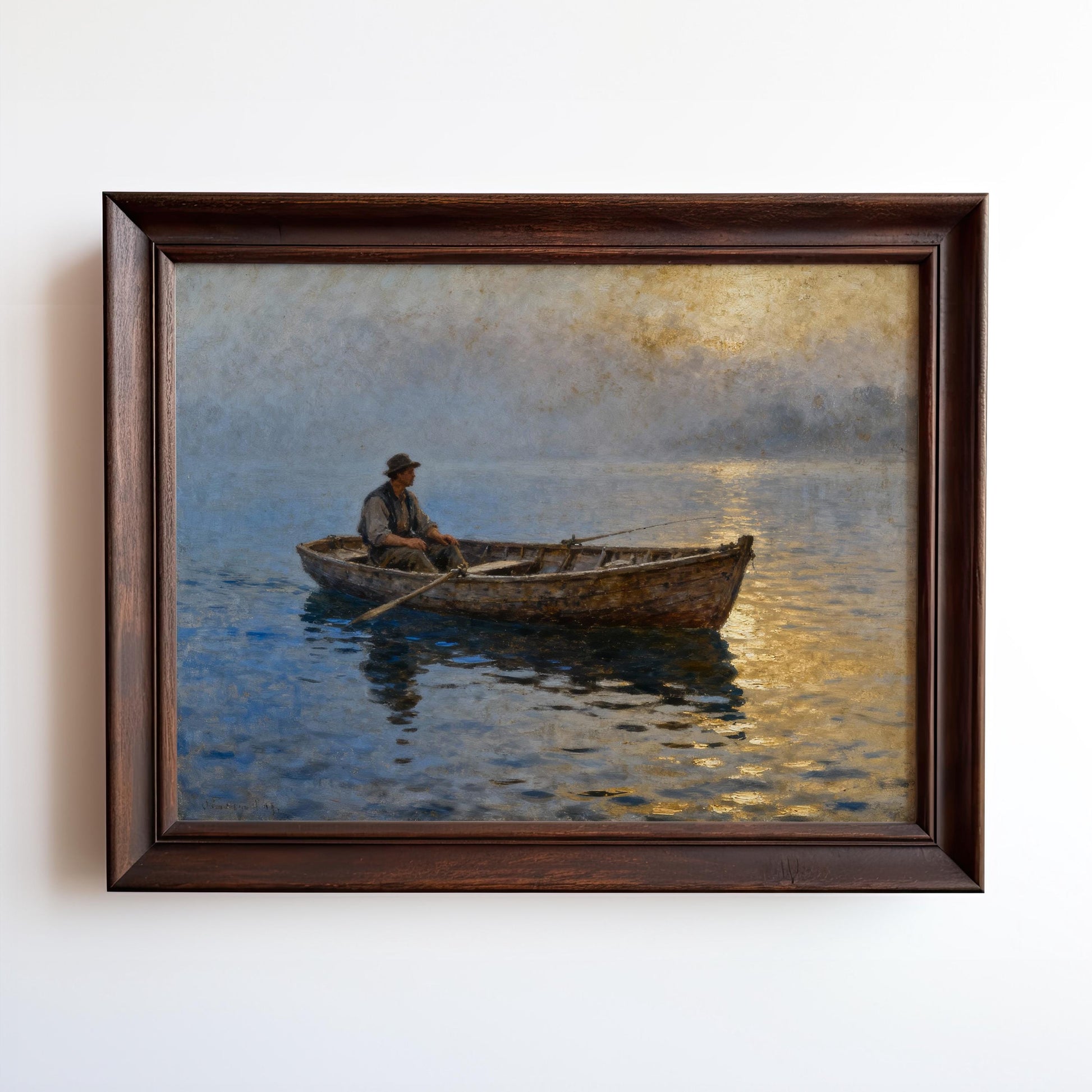 A man is rowing a boat on a body of water, with a hazy sky in the background.