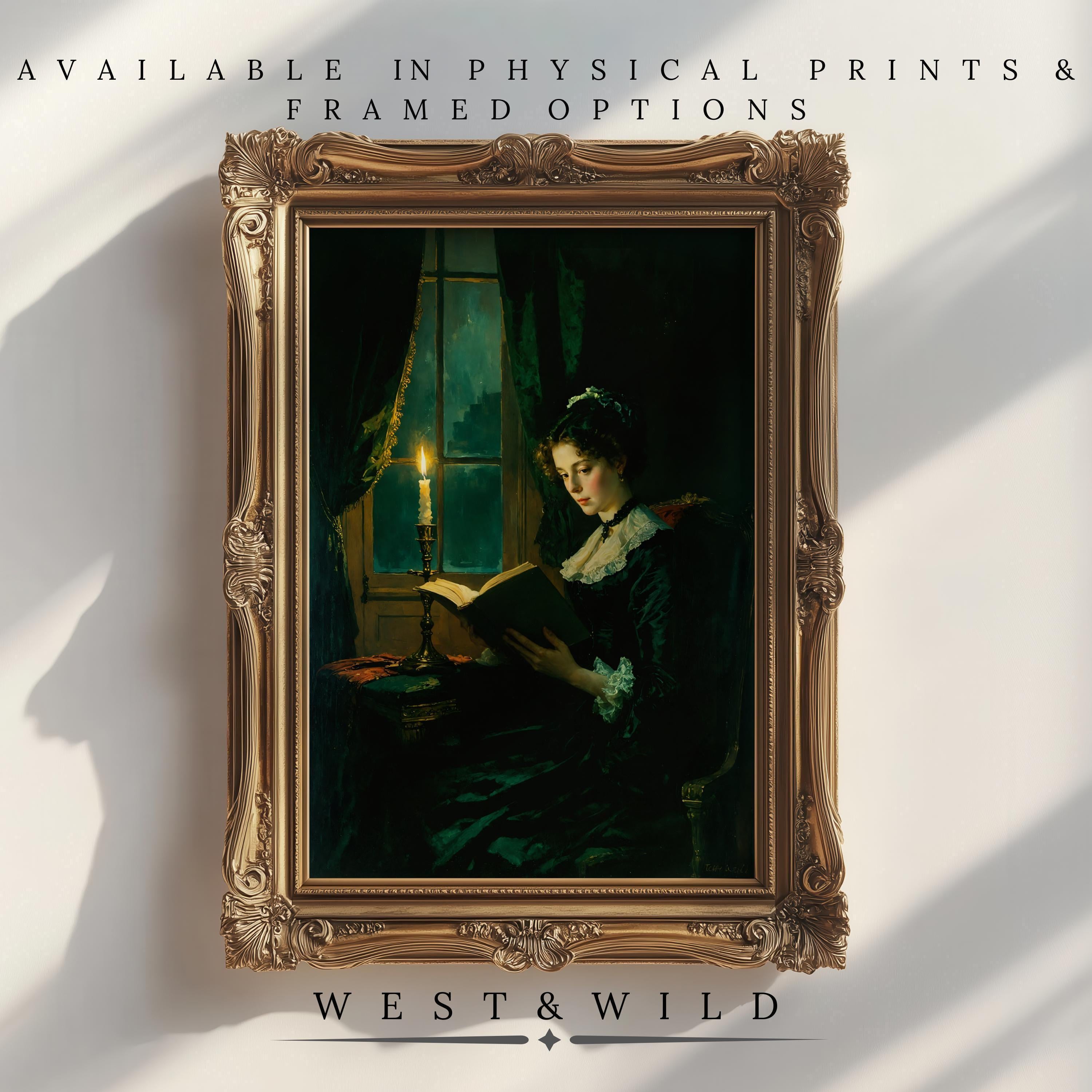 A framed Victorian Wall Decor art print shows a woman reading by candlelight. Text above and below highlights 19th Century vintage art prints, framed options, and the West & Wild brand name.