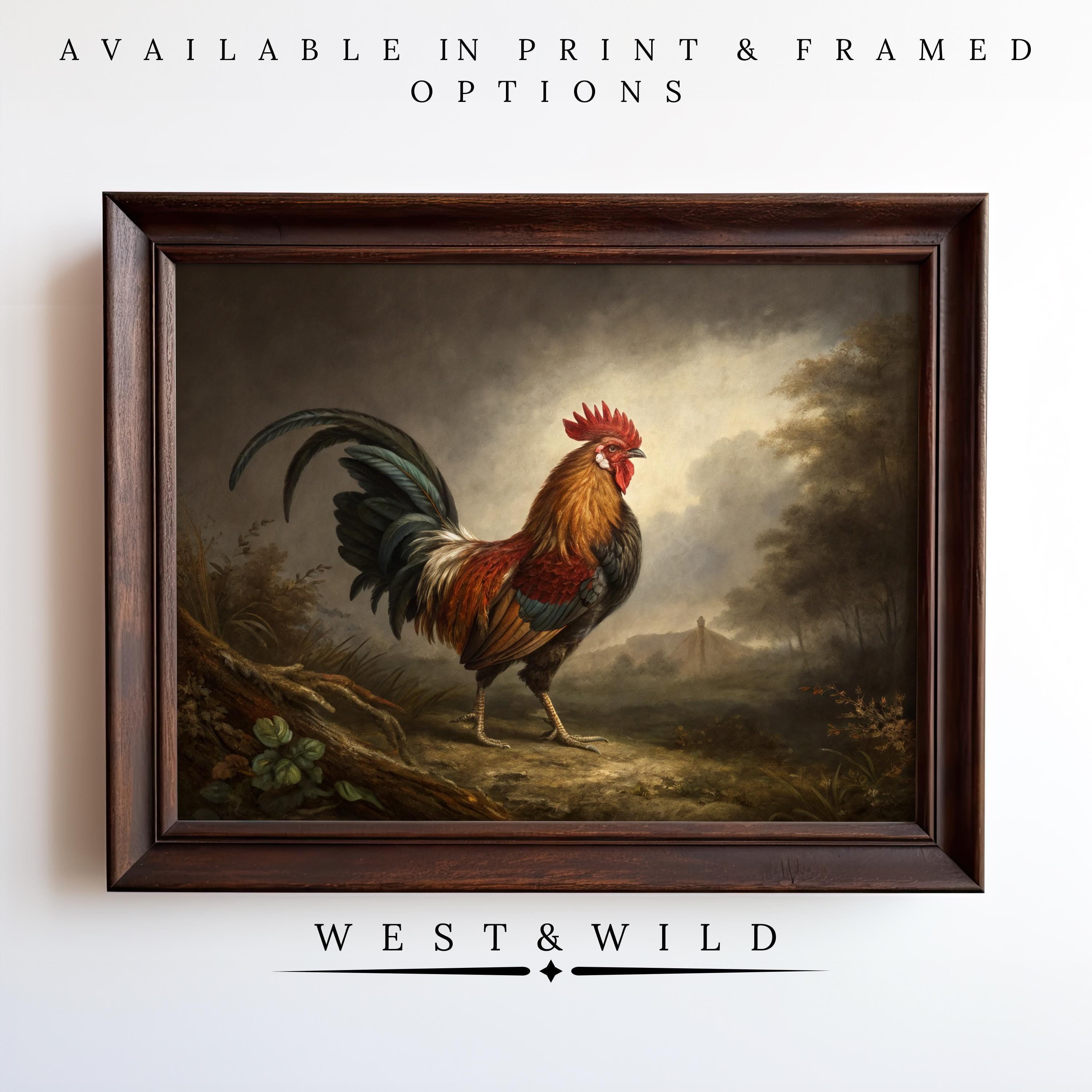 Showcase your space with the Vintage Rooster Print - Bold Framed Rooster Artwork, featuring a colorful rooster in a rural setting. Archival quality print and framed options available from the West & Wild Art Archive. Perfect retro farm decor!.