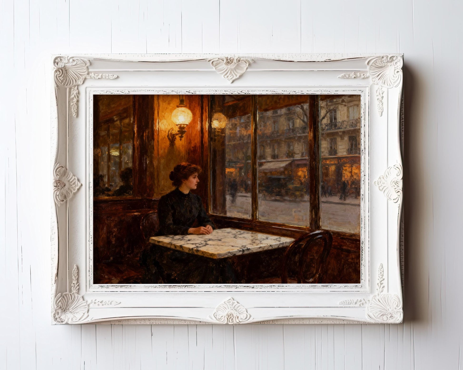The image is a painting of a woman sitting at a table in a cafe, looking out the window.