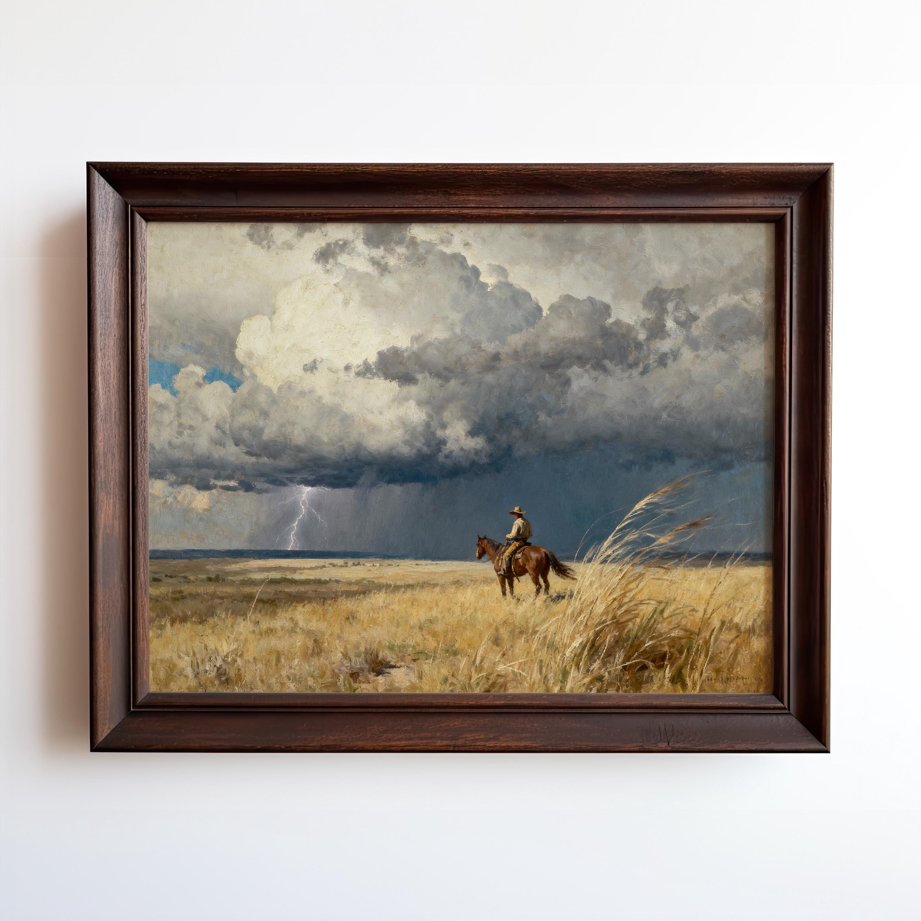 A cowboy on horseback stands in a field under a stormy sky, with a lightning bolt visible in the distance.