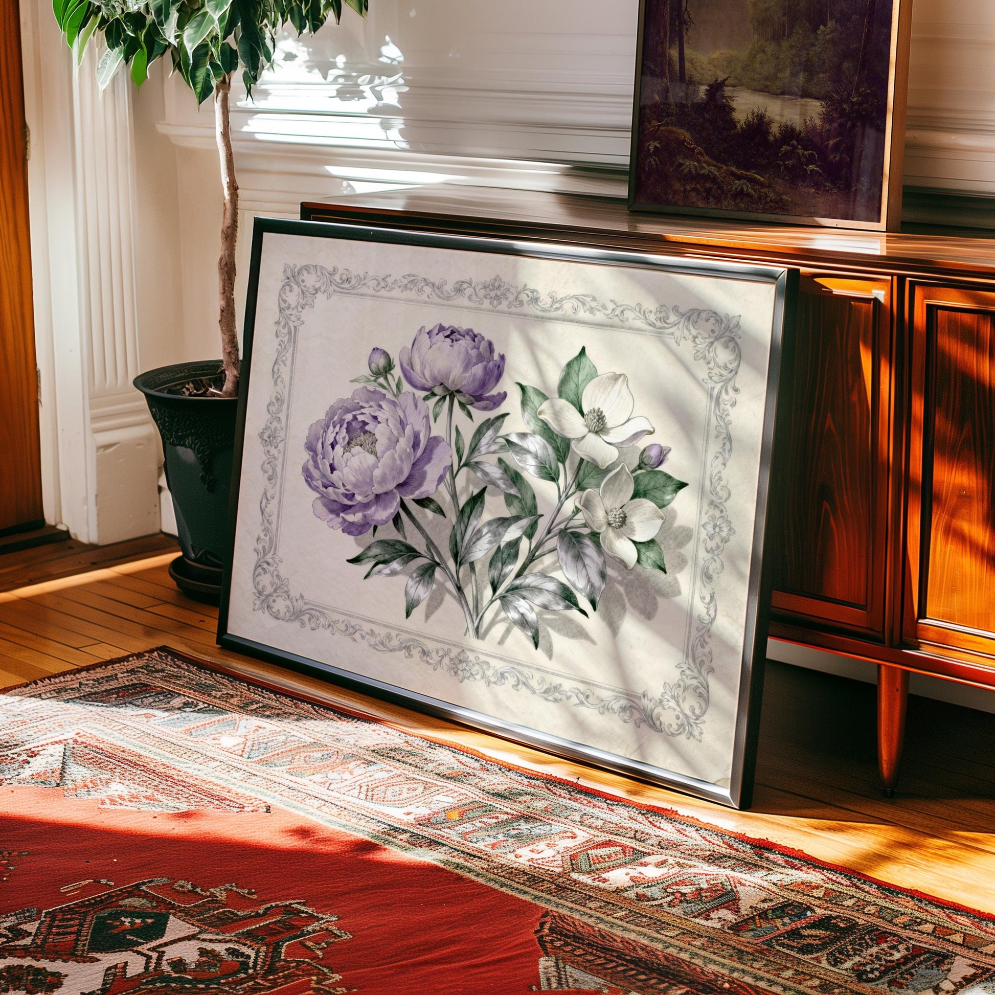 a large framed painting of purple and white flowers on a wooden surface, with a rug and a plant in the background.