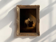 a painting of a sheep in a dark, shadowy environment, hanging on a white wall.